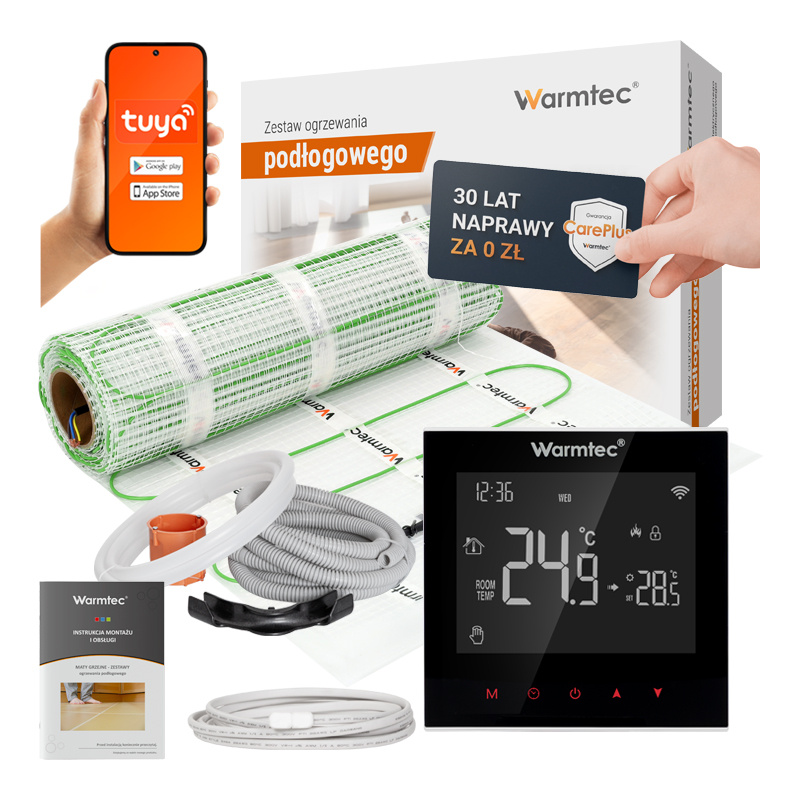 Zestaw ogrzewania podłogowego Warmtec z termostatem, matą, wężem i instrukcją.