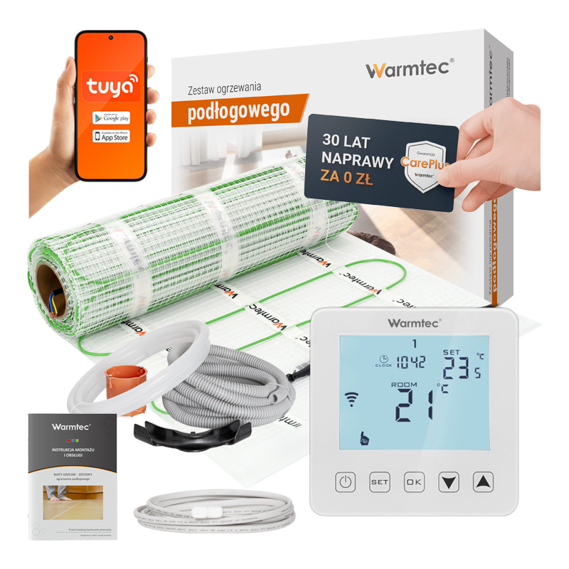 Zestaw maty grzewczej Warmtec z termostatem, telefonem i instrukcją.