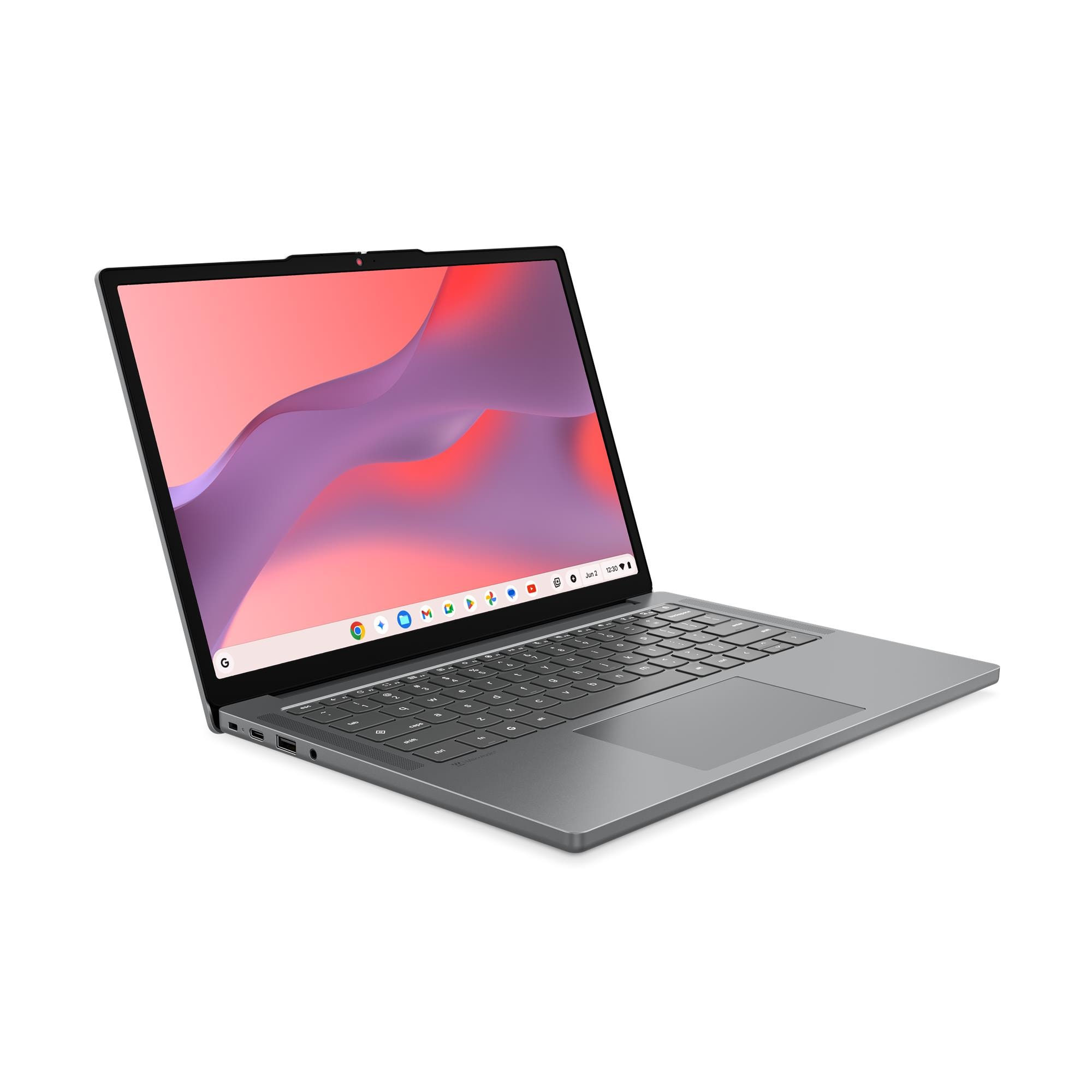 Un laptop grigio con uno sfondo colorato sullo schermo.