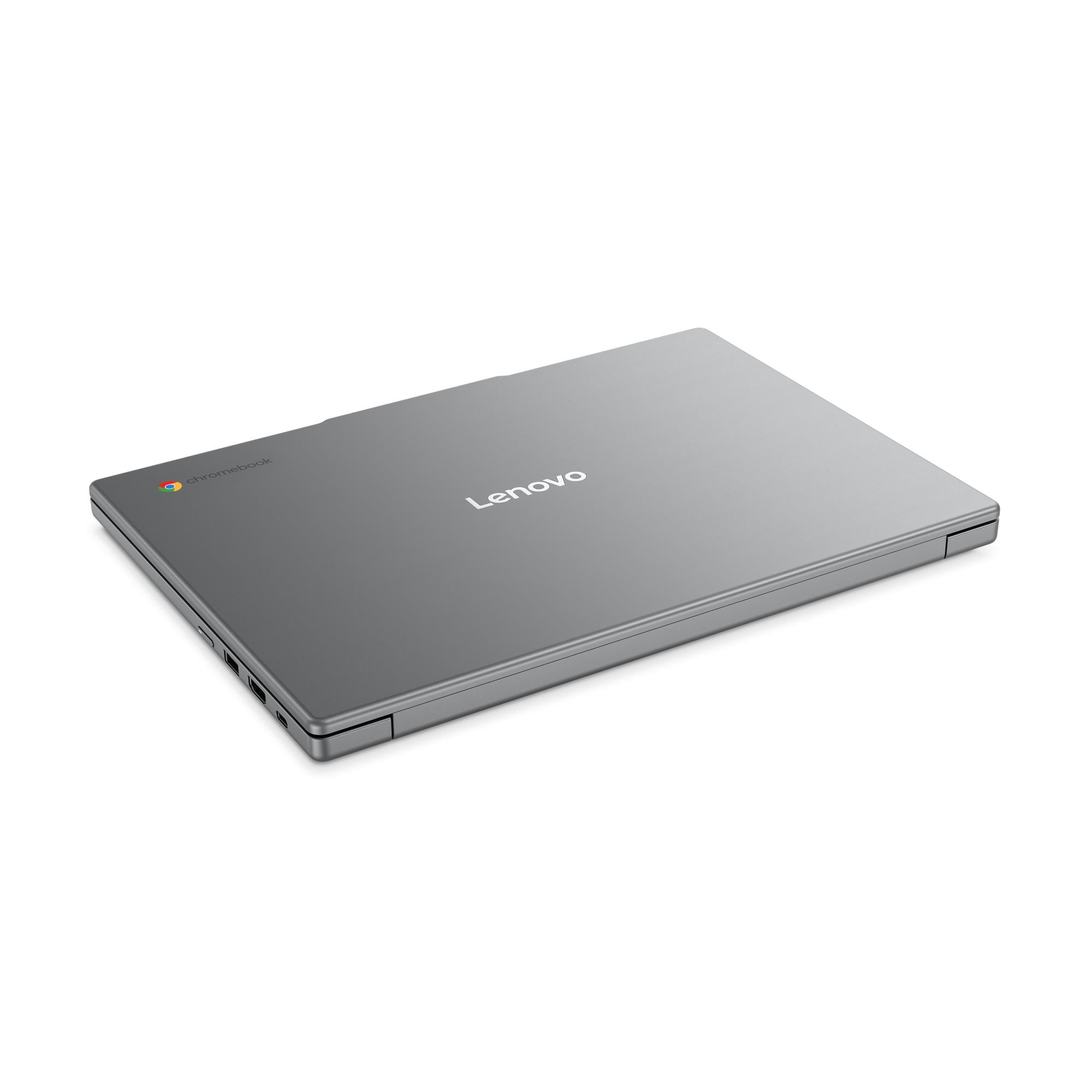 Un laptop Lenovo Chromebook grigio chiuso su sfondo bianco.