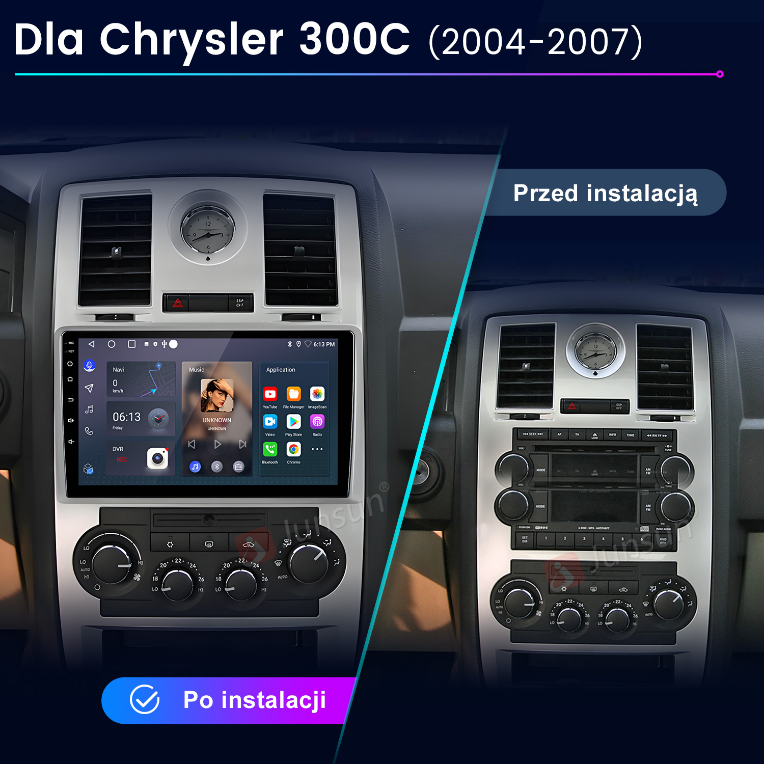 Porównanie Chrysler 300C przed i po instalacji nowego systemu infotainment.