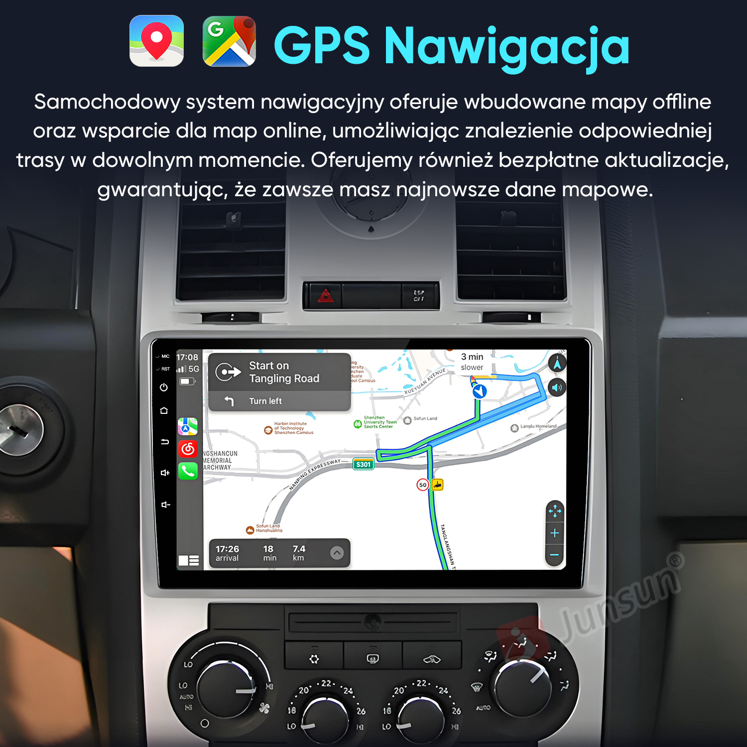Deska rozdzielcza samochodu z ekranem nawigacji GPS pokazującym trasę.