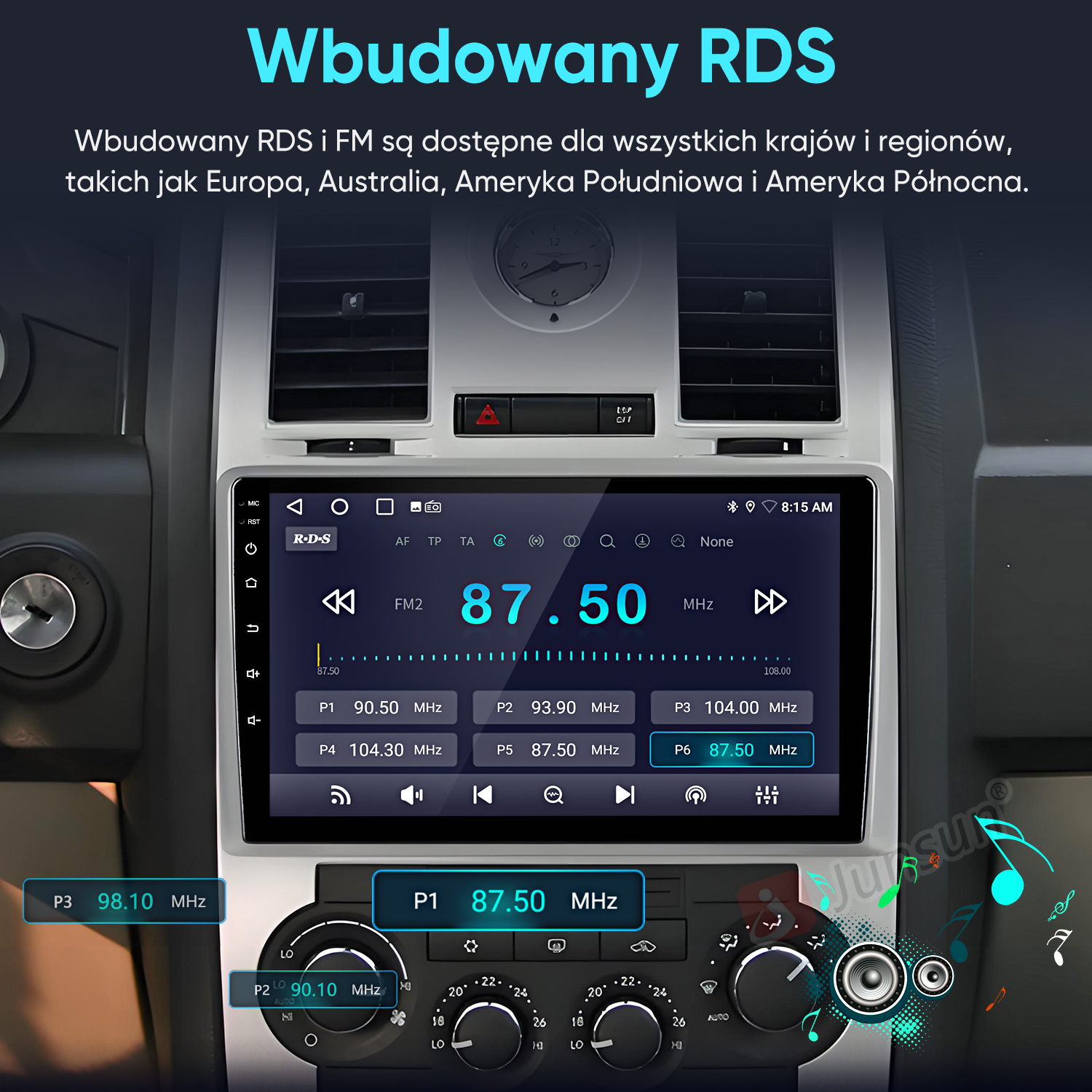 Deska rozdzielcza samochodu z dużym ekranem dotykowym wyświetlającym stacje radiowe i kontrolki.