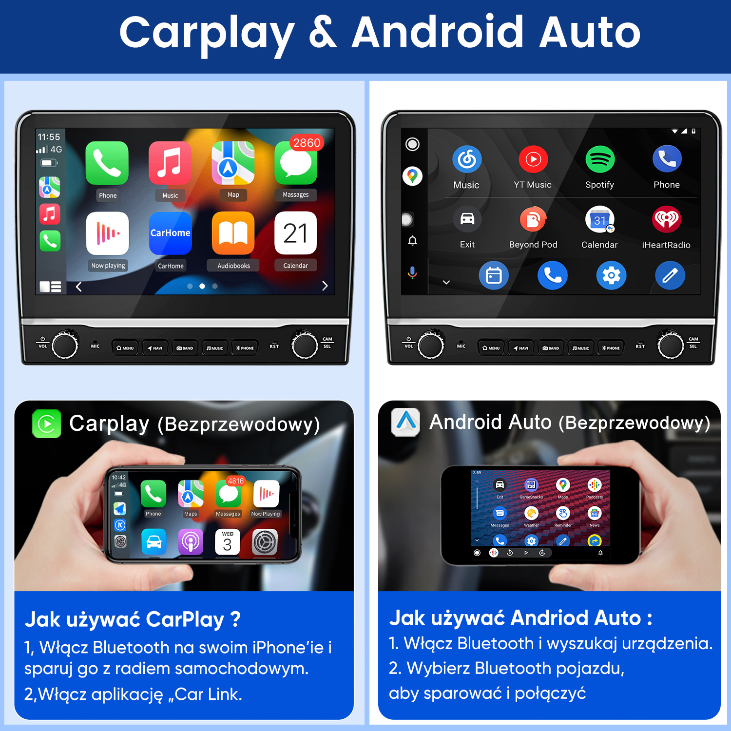 Cztery ekrany pokazują integrację smartfonów: CarPlay i Android Auto.
