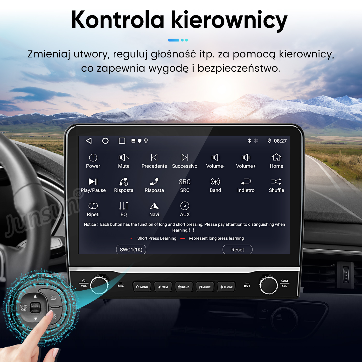 Ekran multimedialny samochodu z kontrolkami audio i nawigacji. Widoczne przyciski na kierownicy.