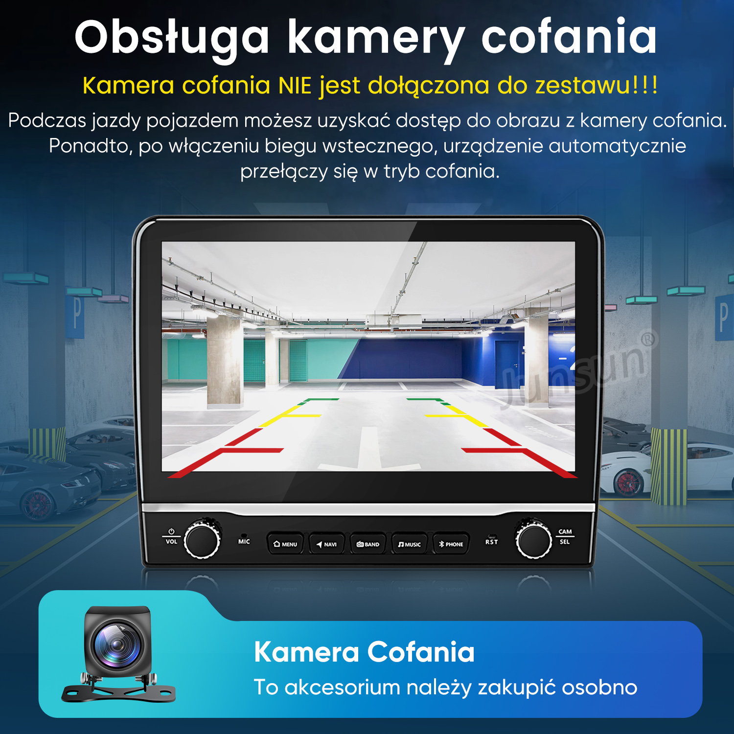 Wyświetlacz samochodowy pokazuje widok z kamery cofania na parking.