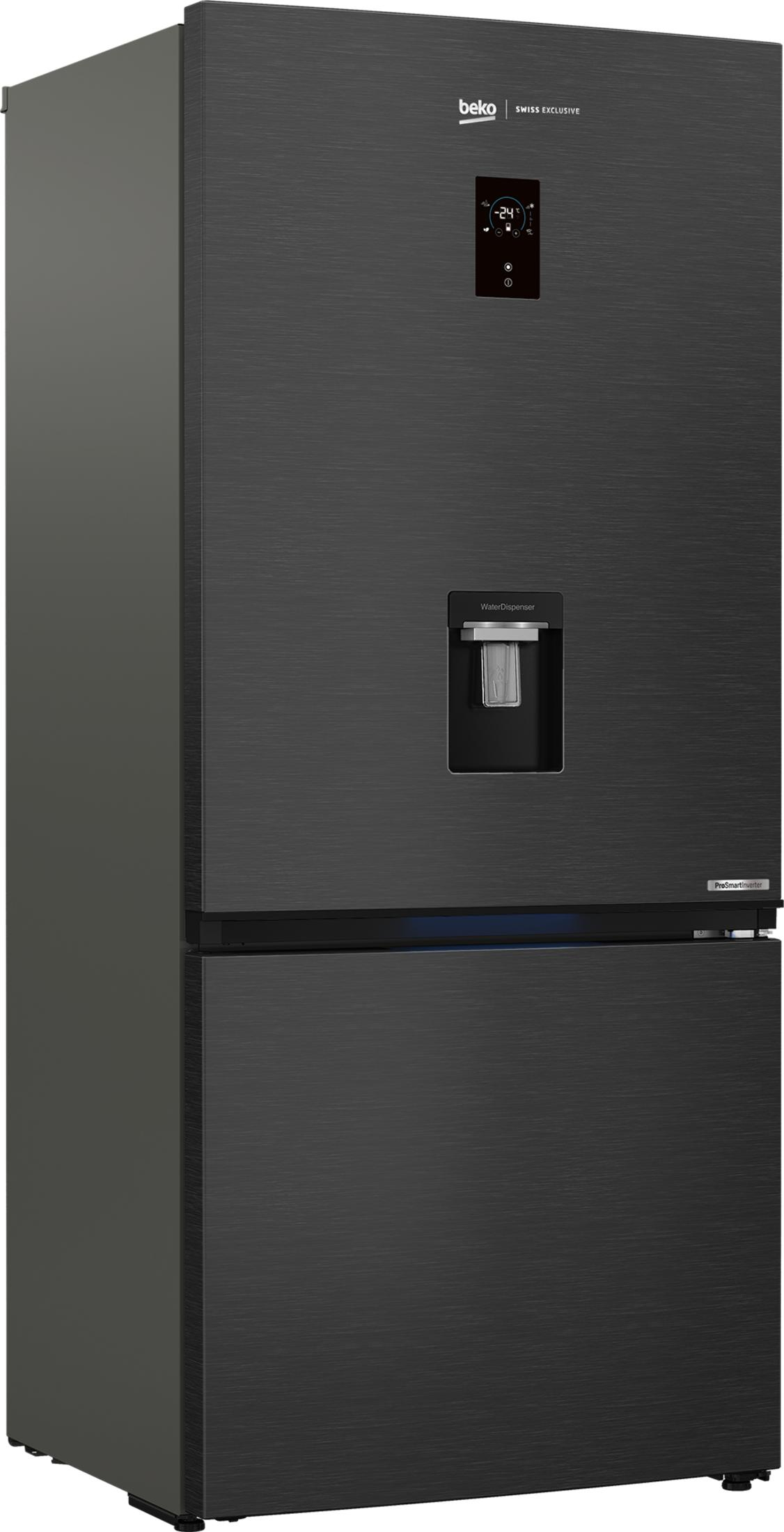 Frigorifero nero con dispenser d'acqua e display digitale.