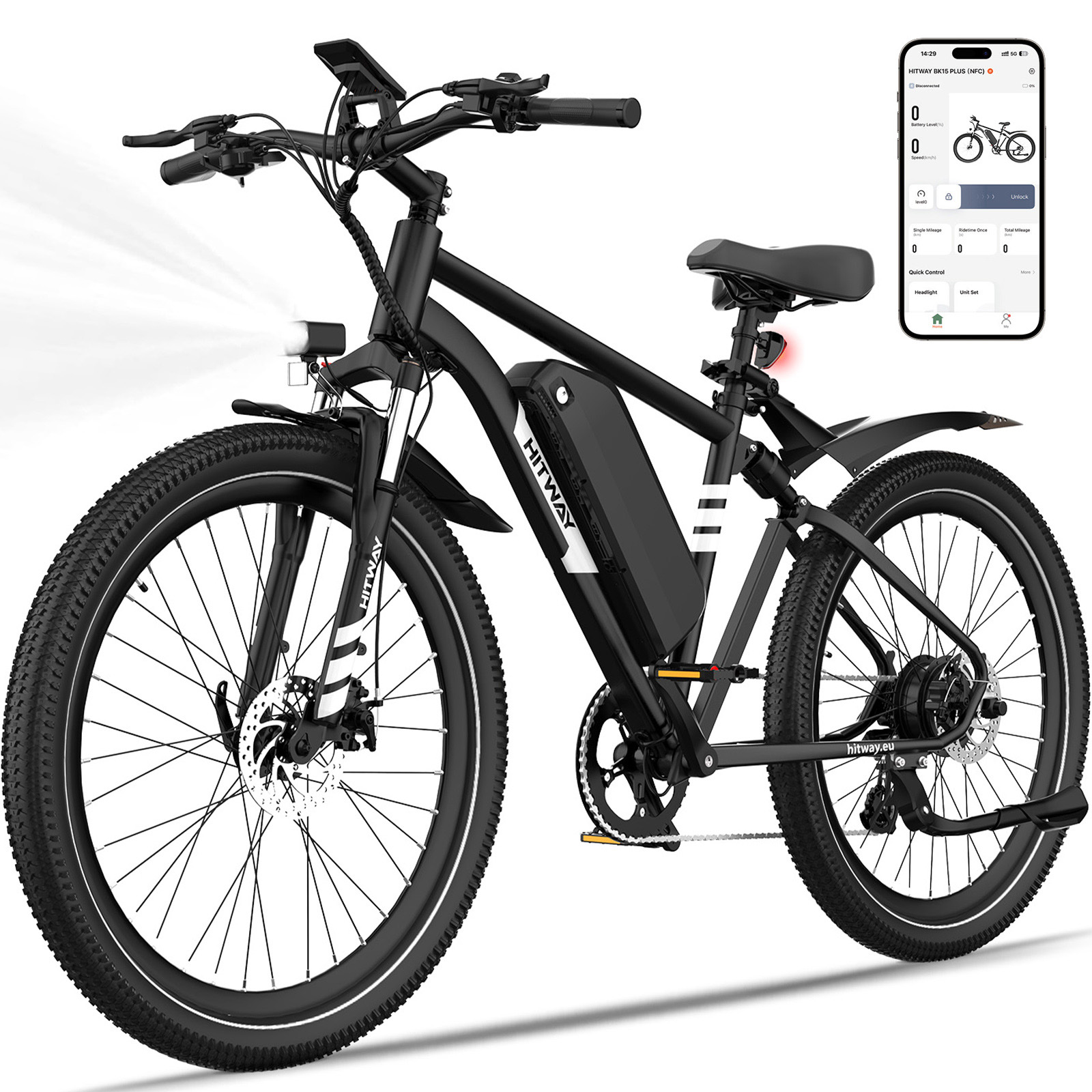 Black electric bike with a bright front light and a phone app displayed nearby.