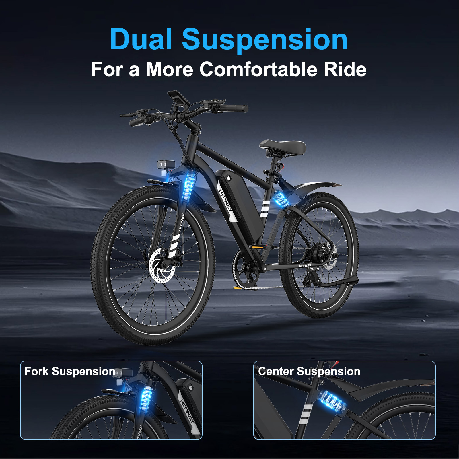 Black e-bike with blue front and rear suspension, set against a dark background.