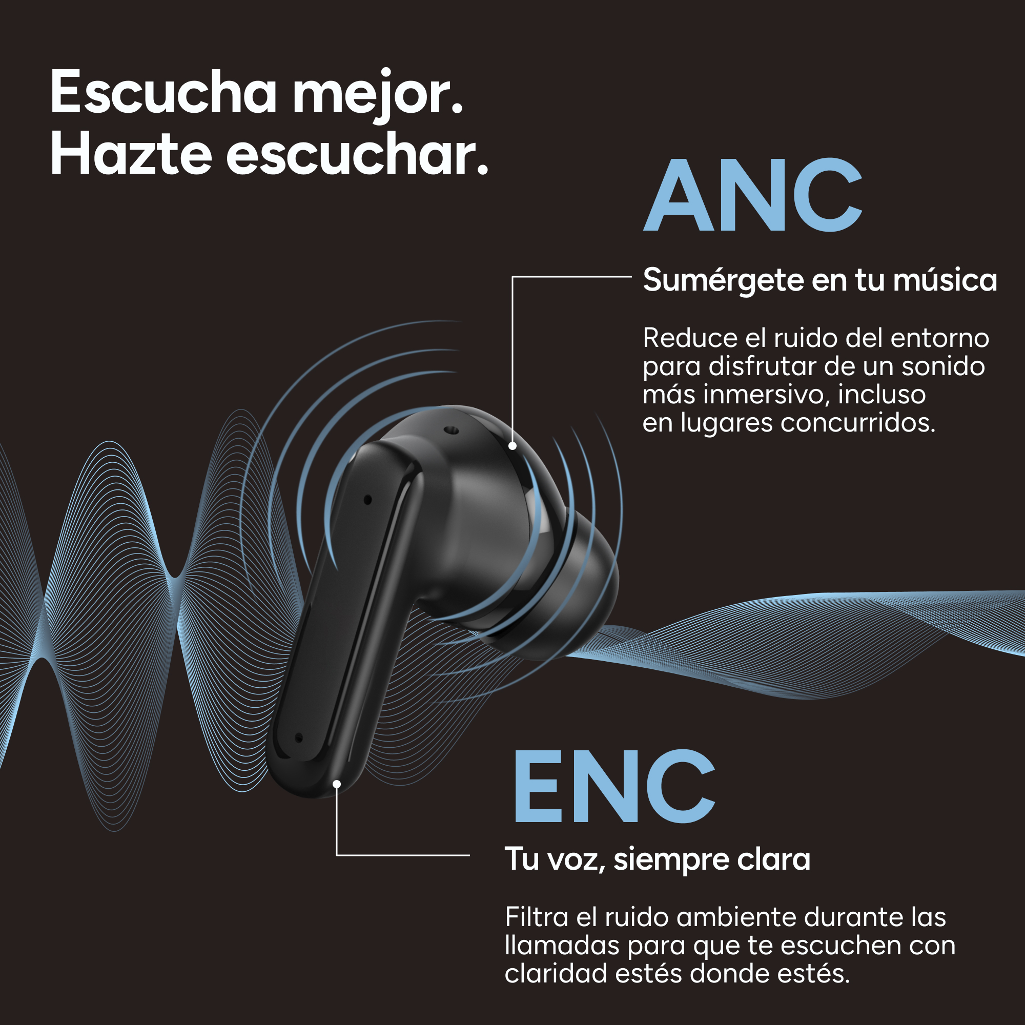 Auricular negro con líneas de onda azules destacando funciones ANC y ENC.