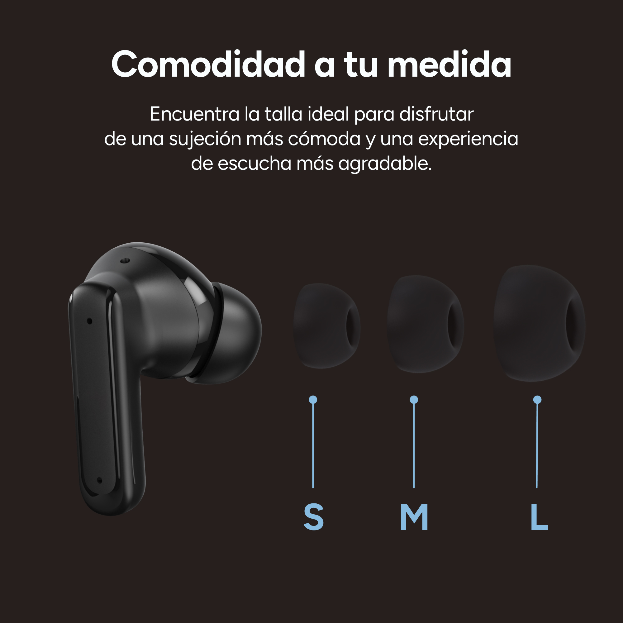Auricular negro con tres tamaños (S, M, L) de almohadillas.