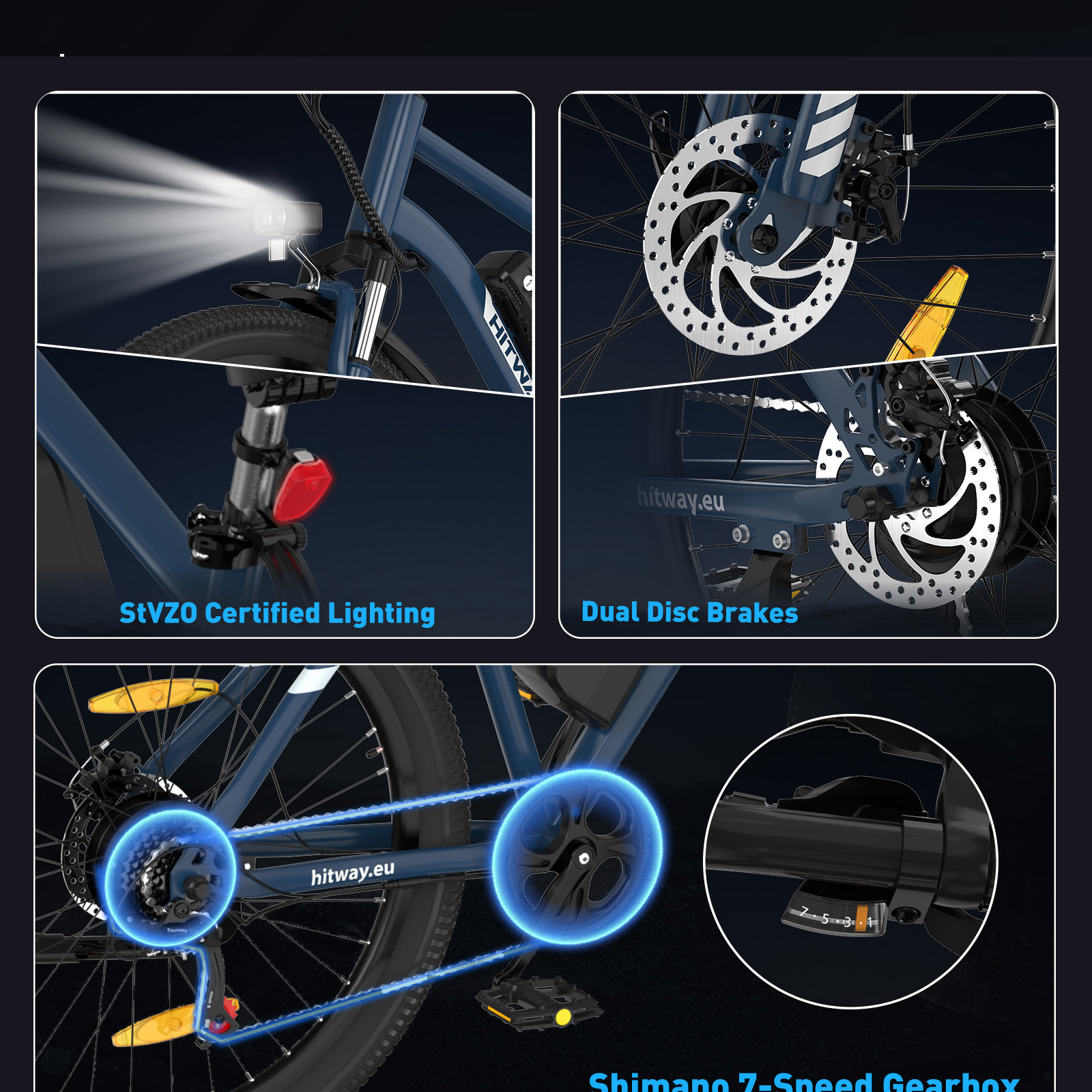 Blue e-bike frame with headlight, taillight, disc brakes, and 7-speed gearbox.