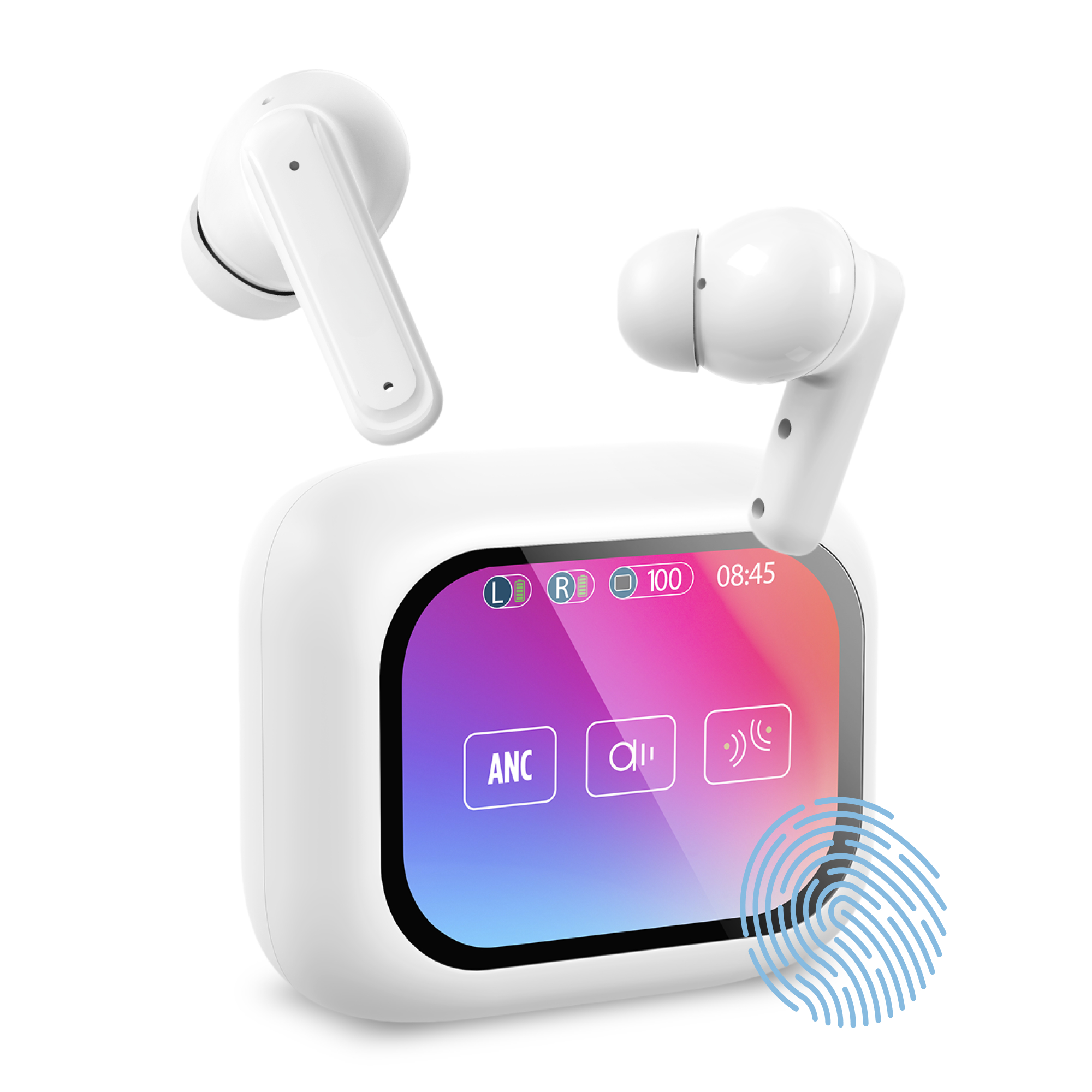 Auriculares inalámbricos blancos con estuche de carga y pantalla táctil.