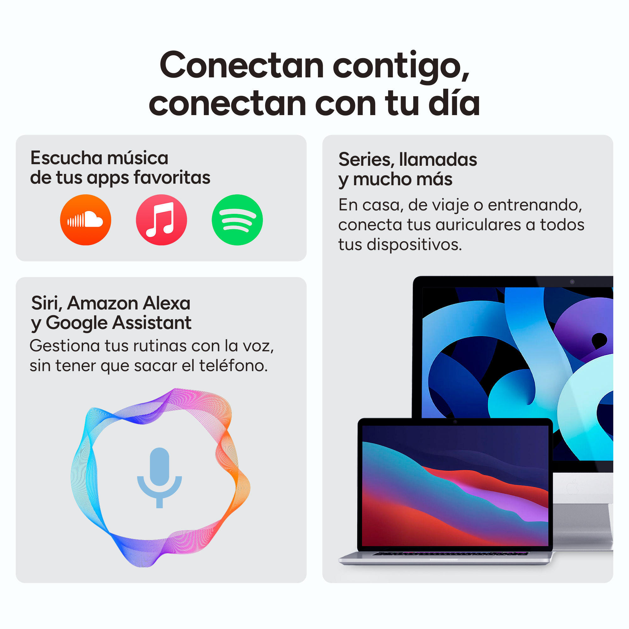 Se muestran apps de música, asistentes de voz y dispositivos Apple.