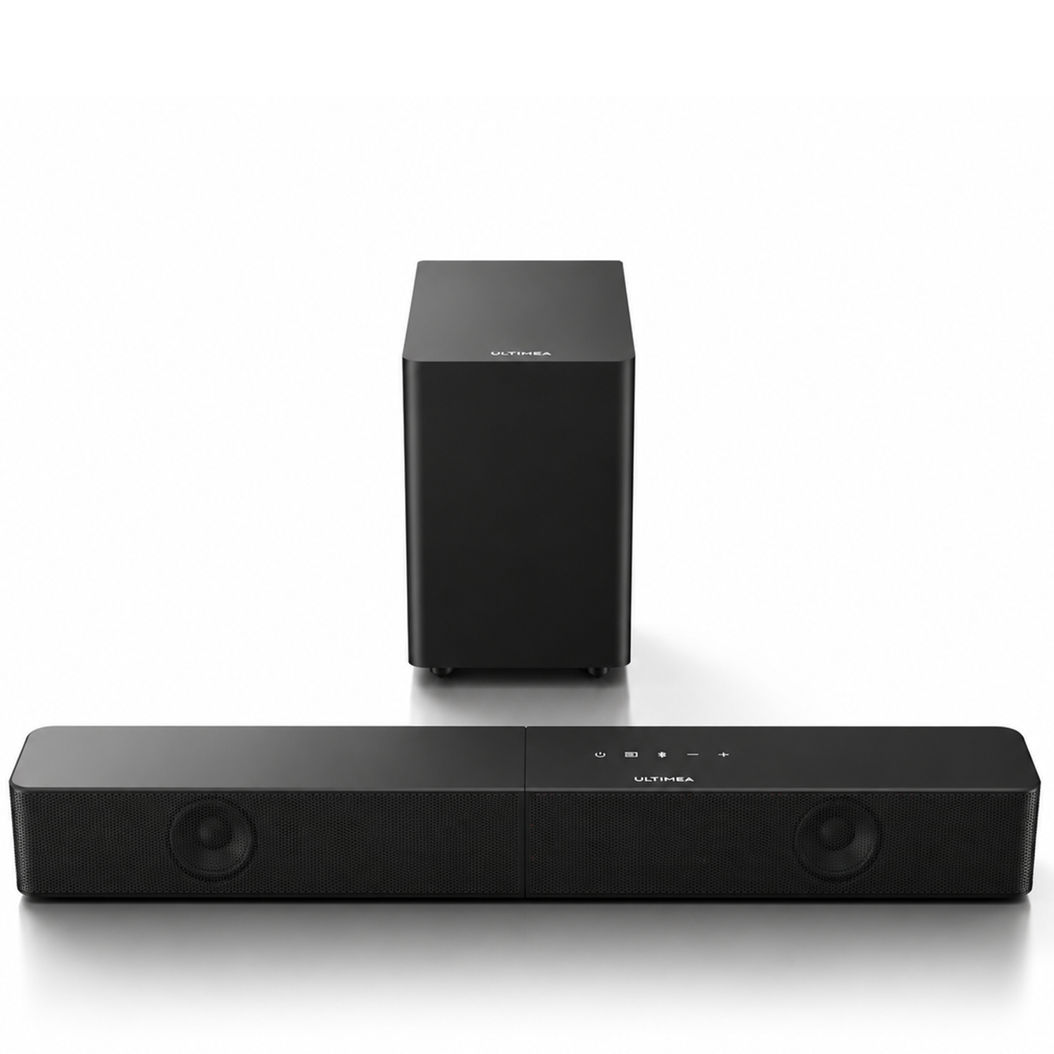 Schwarzer Subwoofer und Soundbar mit Lautsprechermembranen, auf weißem Hintergrund.
