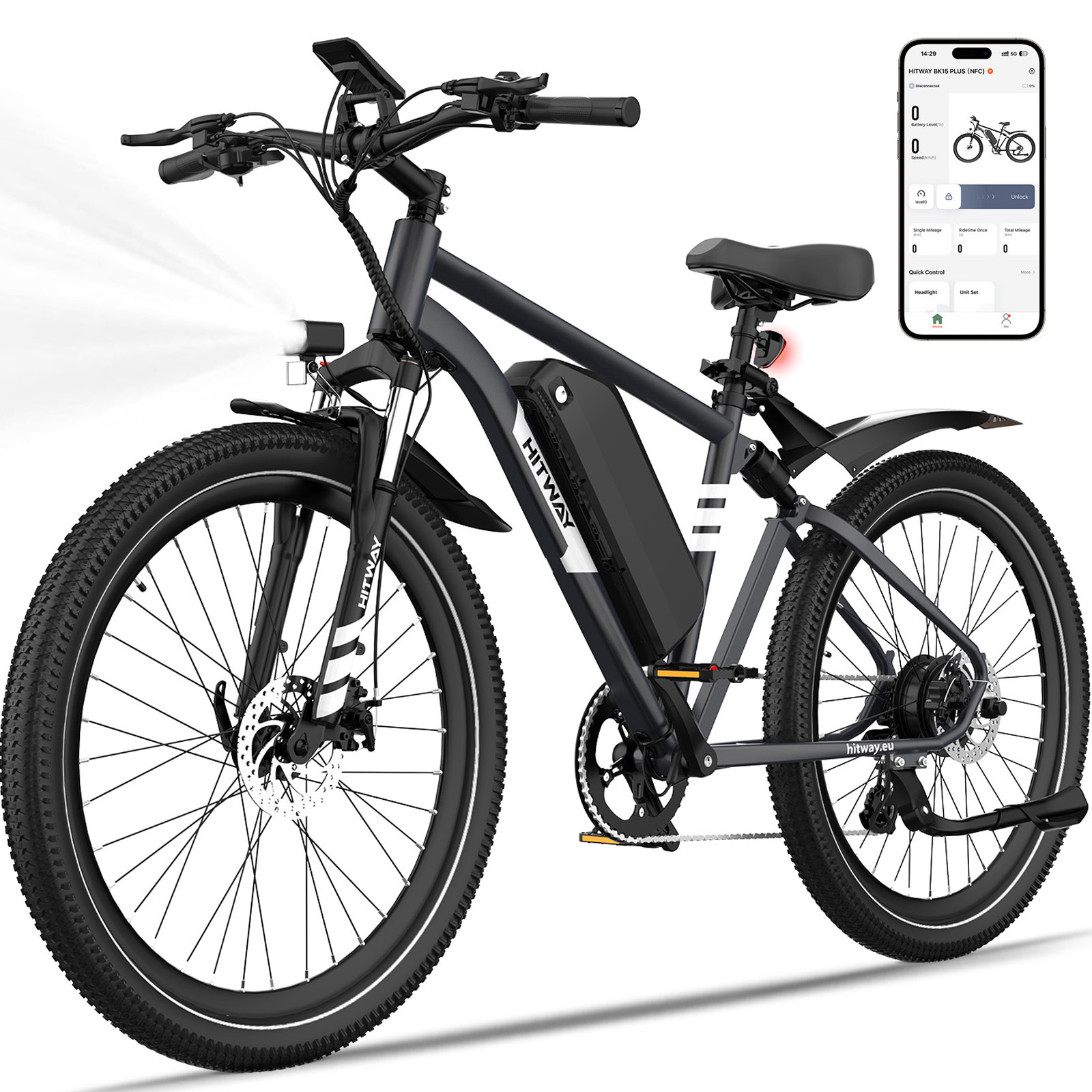 A black electric bicycle with fat tires, a battery pack, and a smartphone app display.