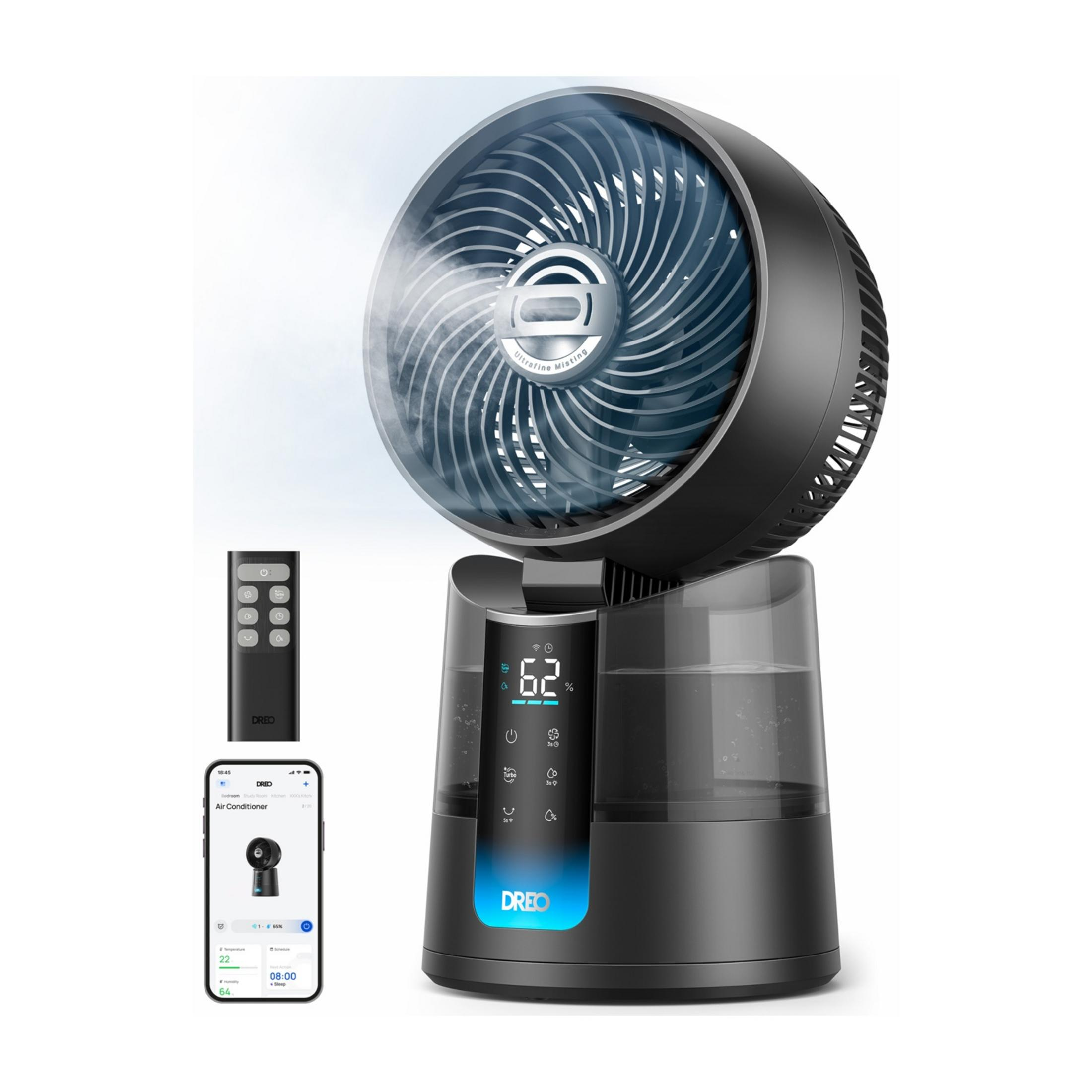 Una ventola a torre nera con funzione nebulizzante su sfondo bianco, con telecomando e smartphone.