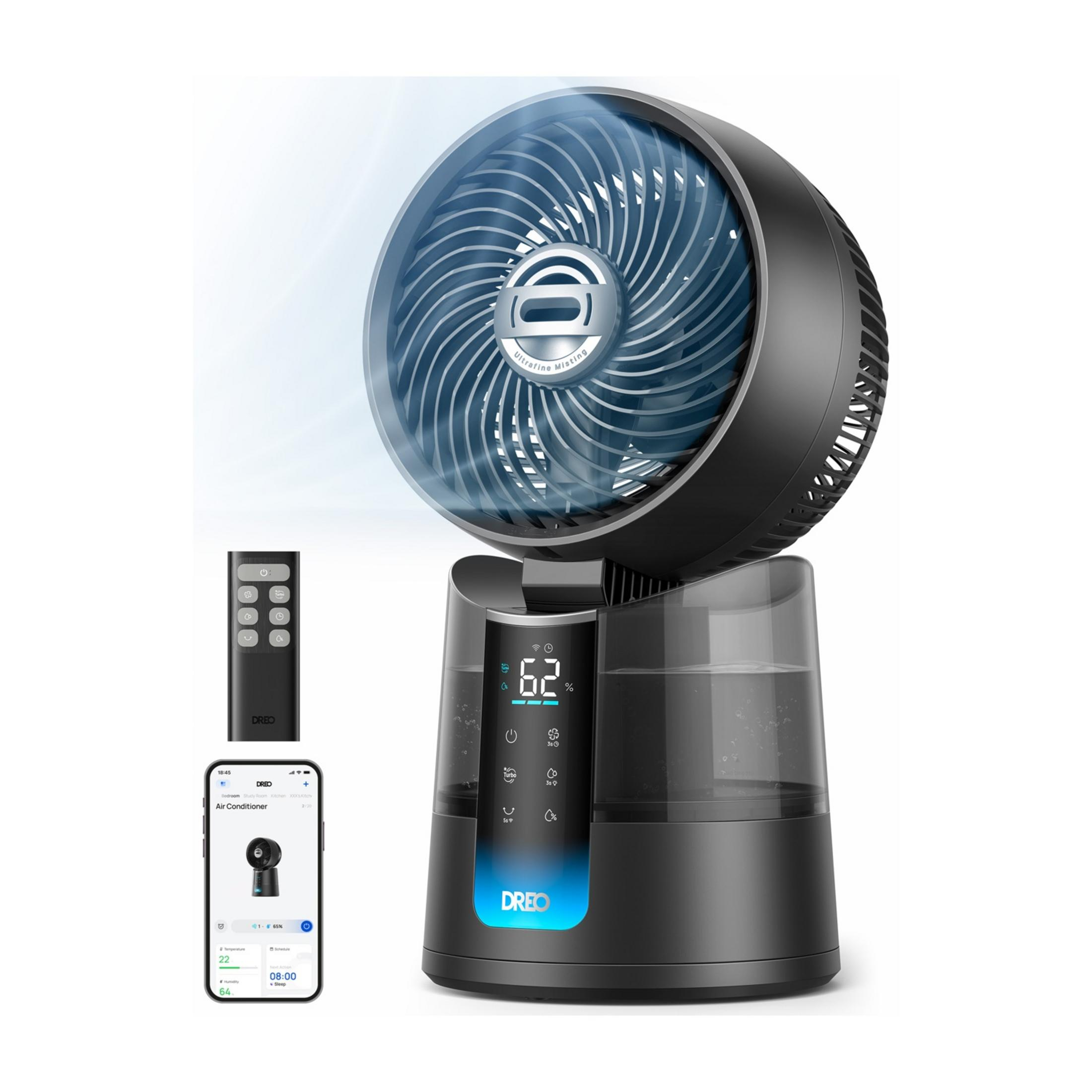 Un ventilatore/umidificatore nero con telecomando e vista app.