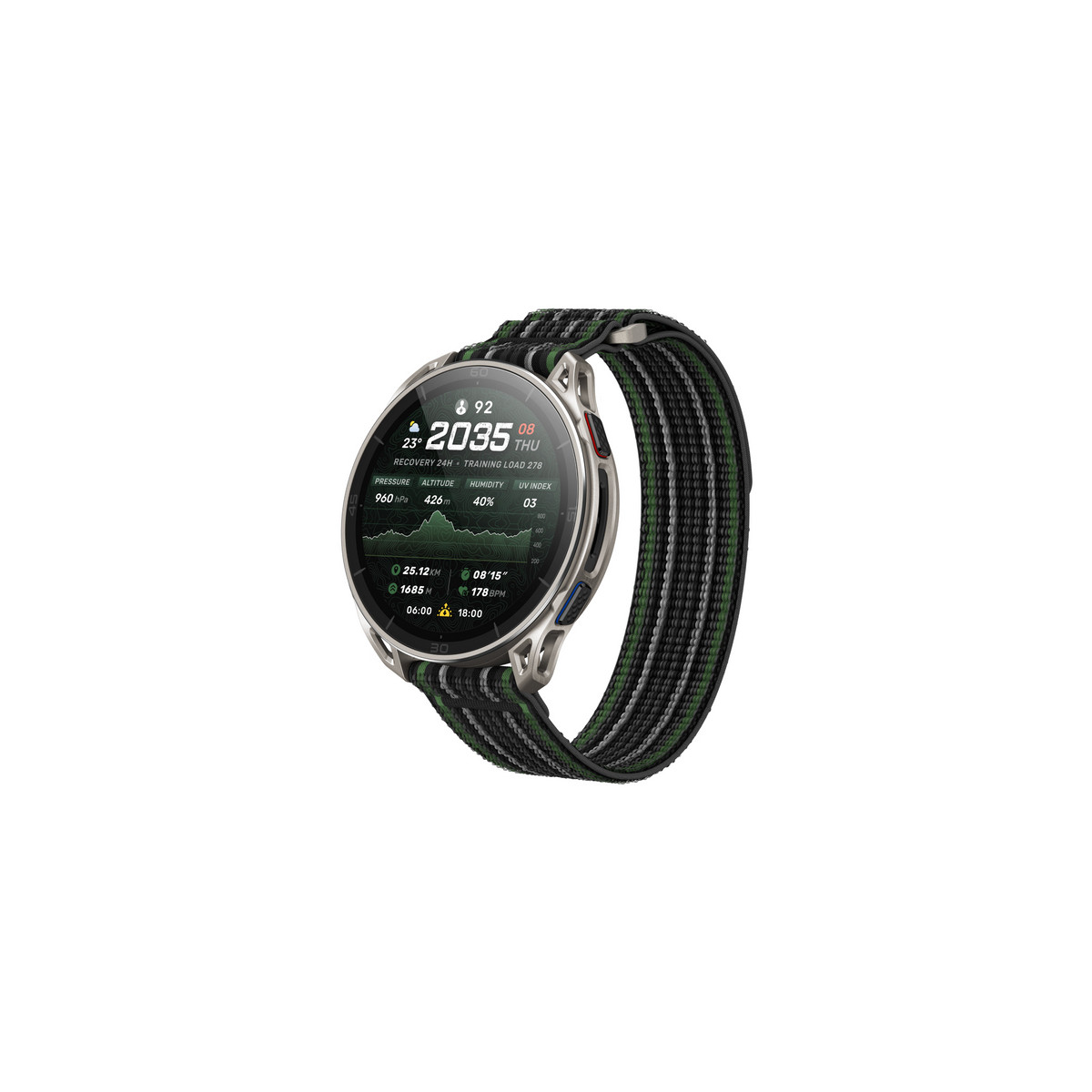 Eine Smartwatch mit schwarz-grün gestreiftem Band zeigt Zeit, Temperatur und Fitnessdaten.