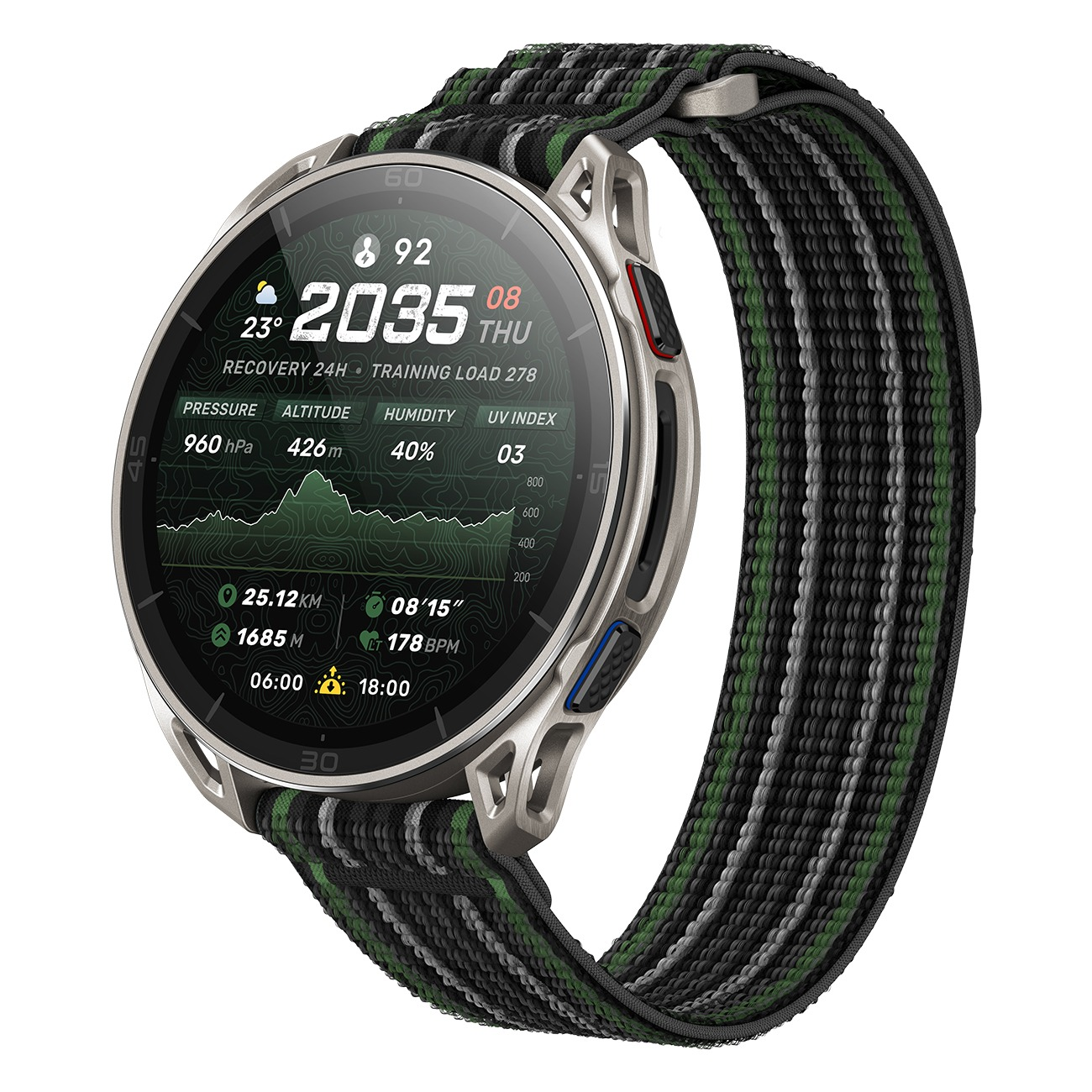Eine silberne Smartwatch mit einem Band in Schwarz, Grün und Grau. Das Display zeigt Daten an.
