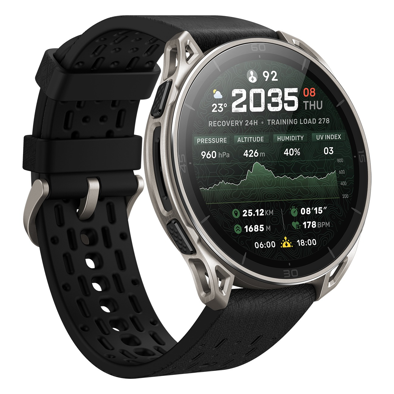 Graue Smartwatch mit schwarzem Armband, zeigt Wetter und Fitnessdaten auf dem Display.