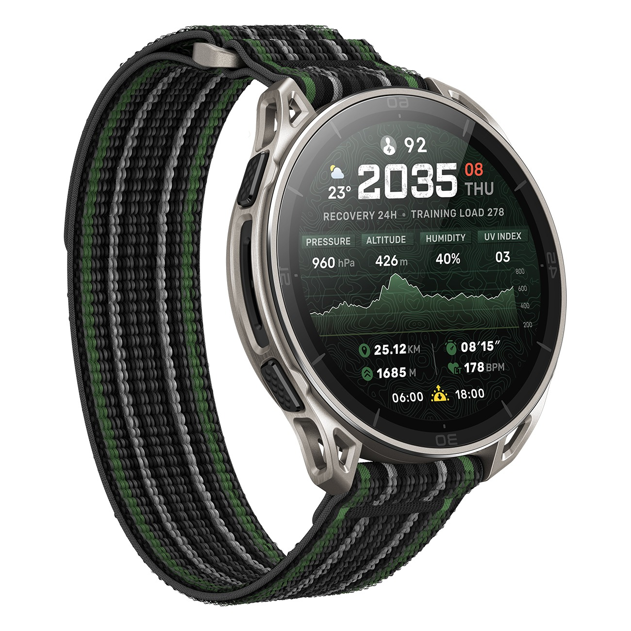 Eine Smartwatch mit einem silbernen Gehäuse und einem mehrfarbigen Armband.
