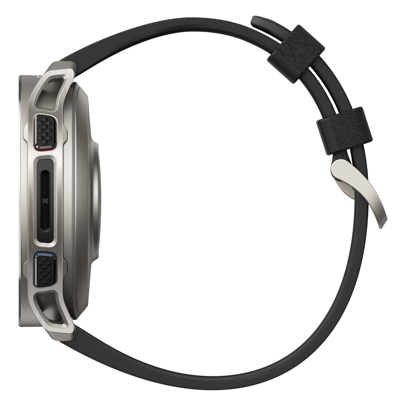 Graue Smartwatch mit schwarzem Armband und silberner Schnalle.