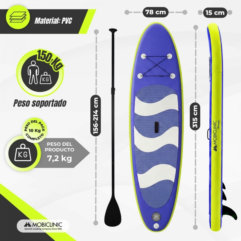 Tabla SUP inflable con remo: 78x15x315cm. Max. 150kg.