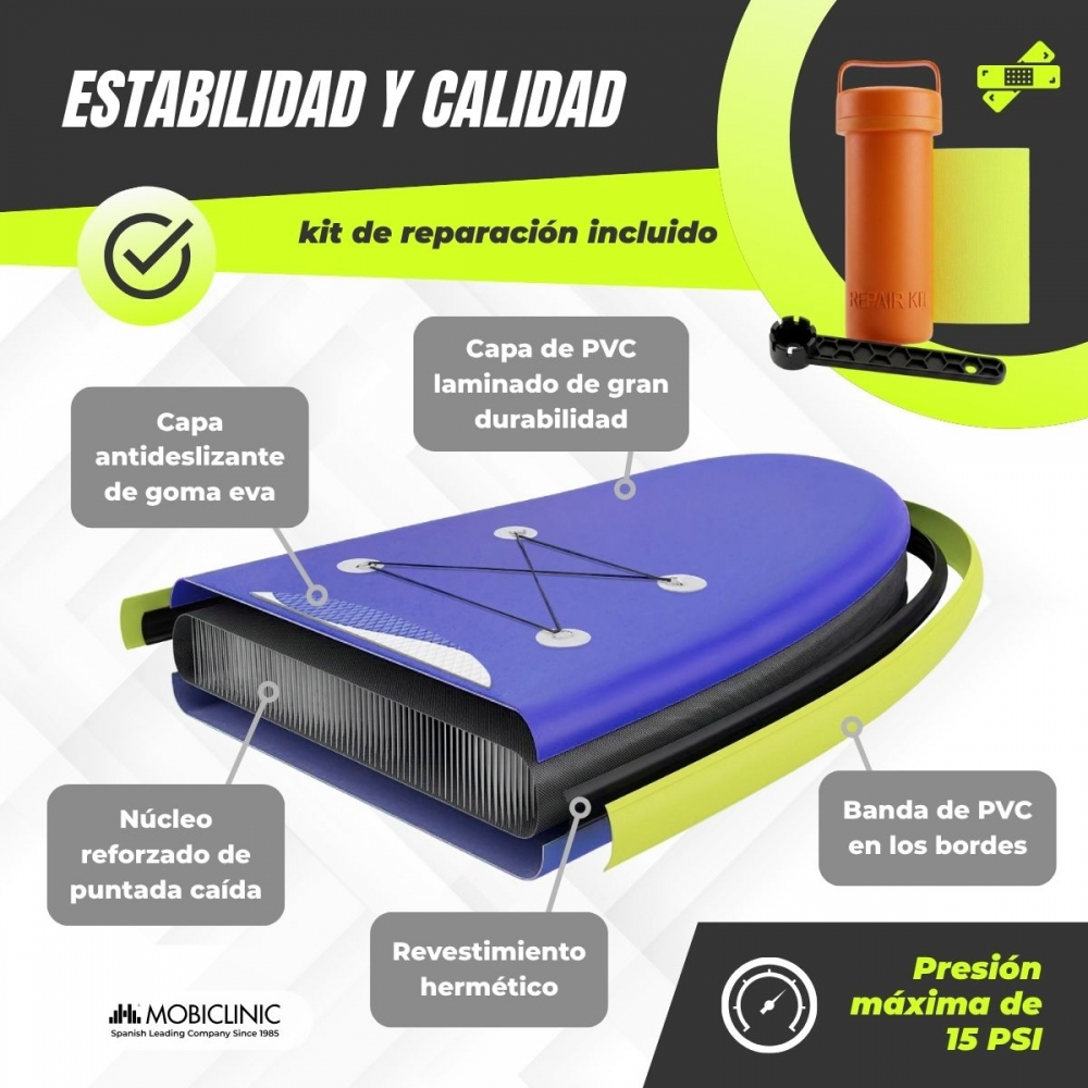 Tabla inflable con kit de reparación. Tiene capa de EVA, capa de PVC y borde de PVC.