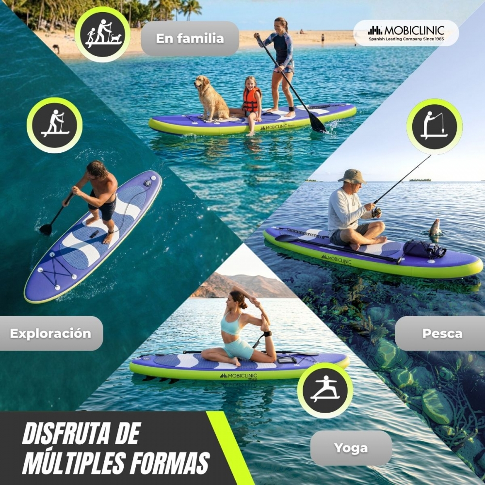 Múltiples actividades de SUP: familia, pesca, yoga, exploración.