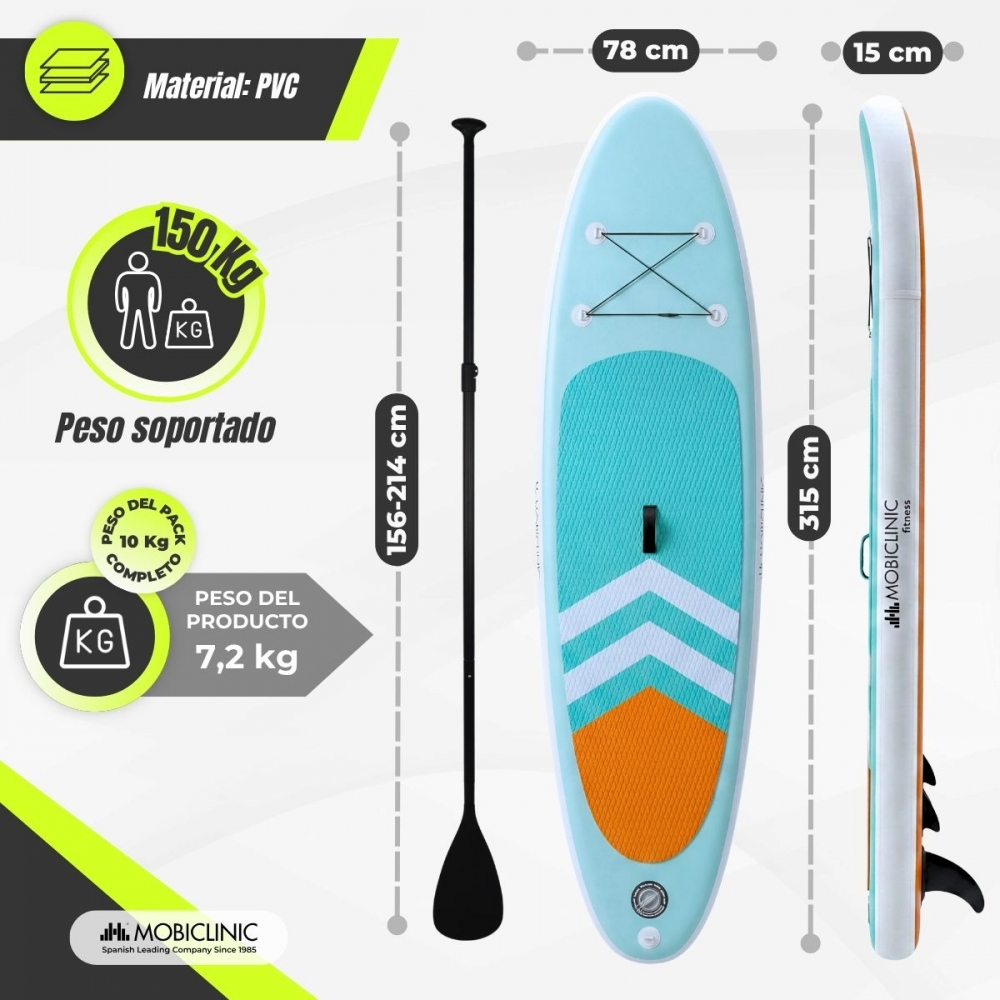 Una tabla de paddle surf azul con remo, medidas y detalles de peso. Material: PVC.