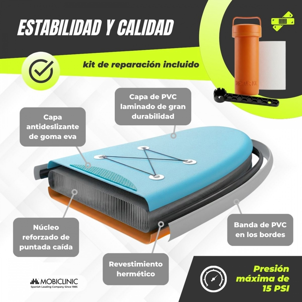 Tabla inflable con kit de reparación. Muestra varias capas y agarre de goma EVA.