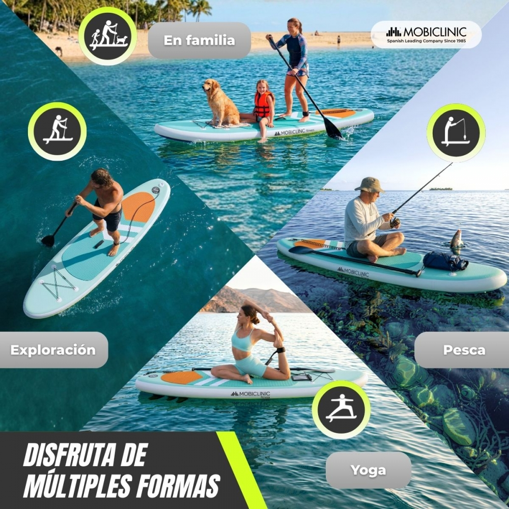 Collage muestra gente en tablas de paddle surf: familia, pescador, yogui, hombre remando.