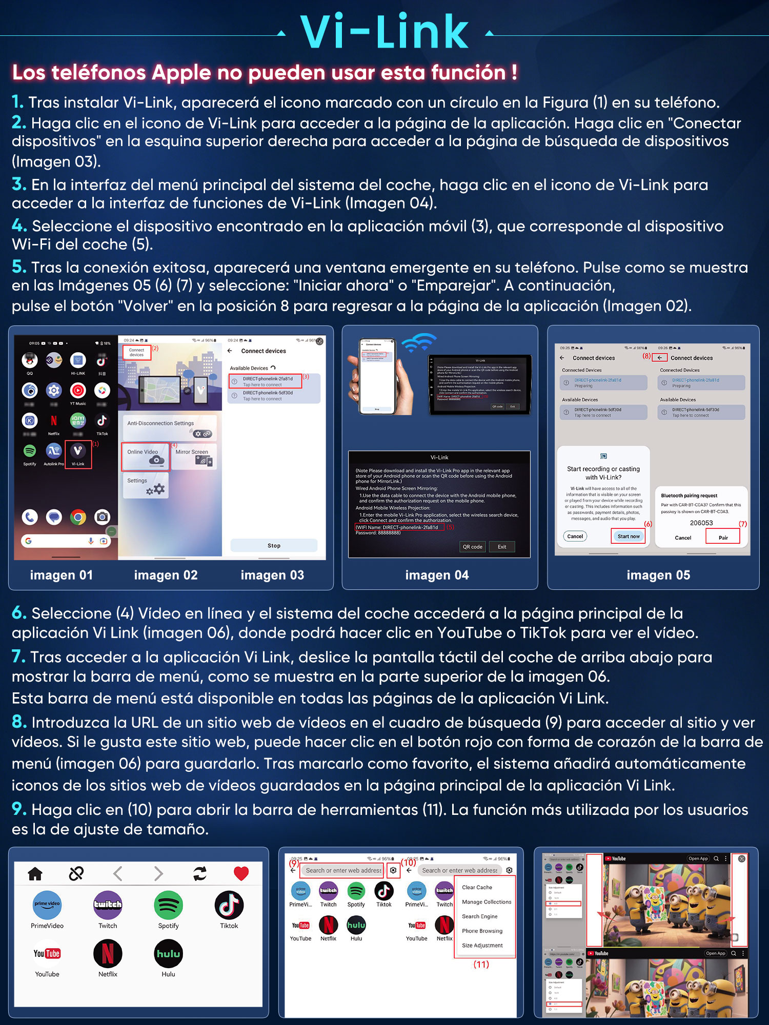Capturas de pantalla muestran la instalación de la app Vi-Link y pasos de conexión.