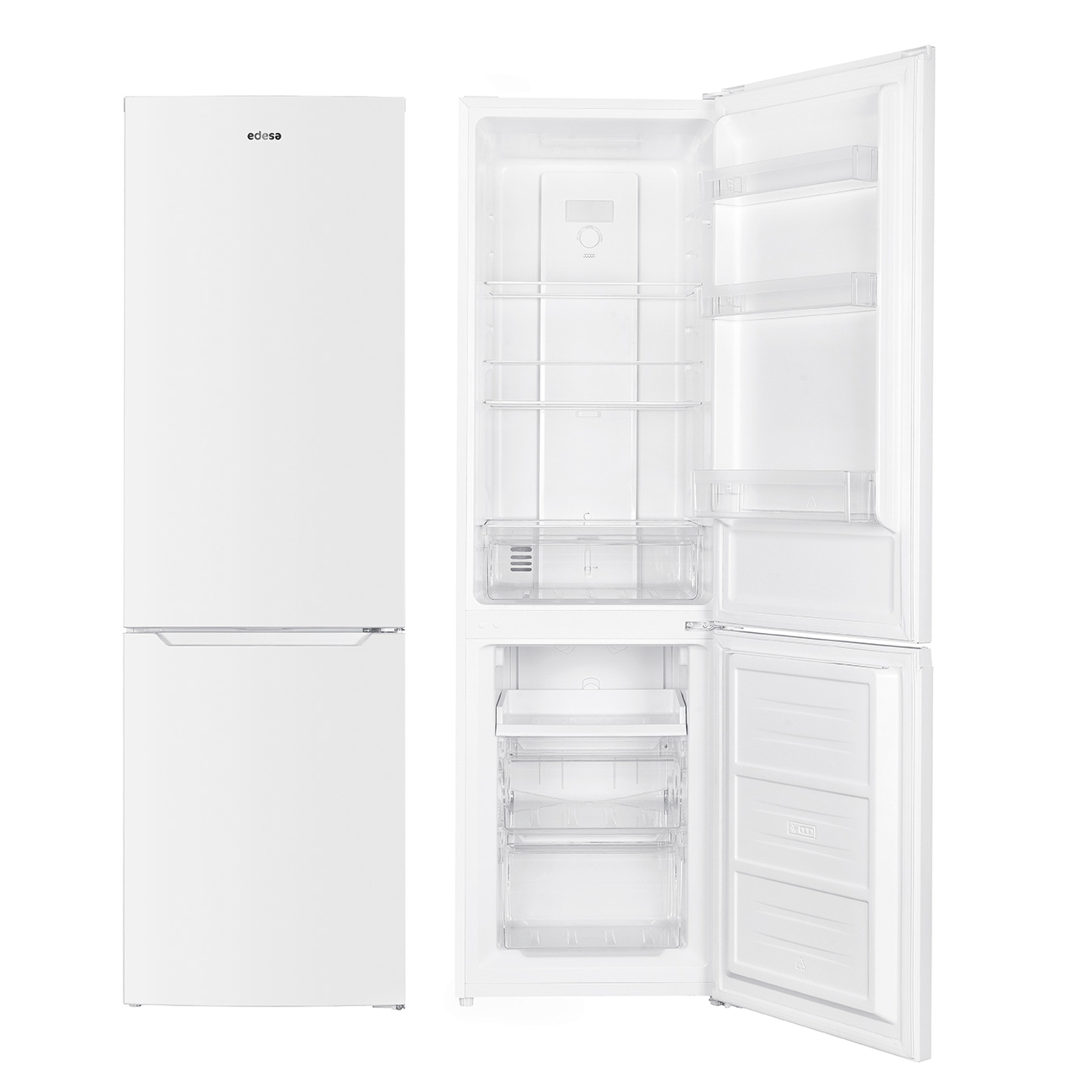 Refrigerador blanco, una puerta cerrada, una puerta abierta mostrando estantes y cajones.