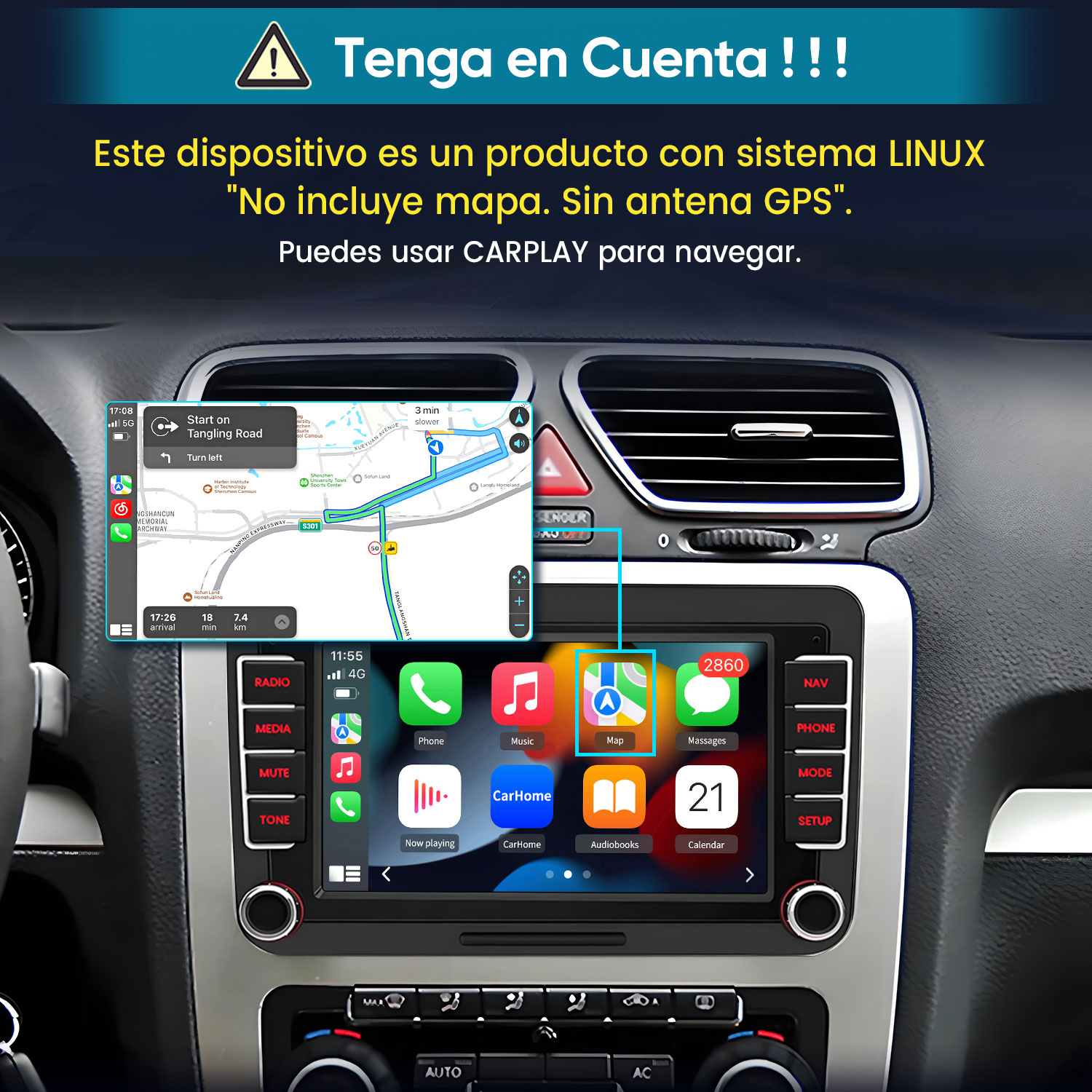 Salpicadero de coche con sistema de infoentretenimiento que muestra mapa e iconos de apps.
