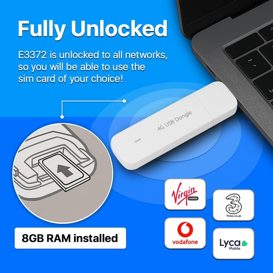 Biały klucz USB 4G leży obok klawiatury. Po lewej stronie wkładana jest karta SIM.