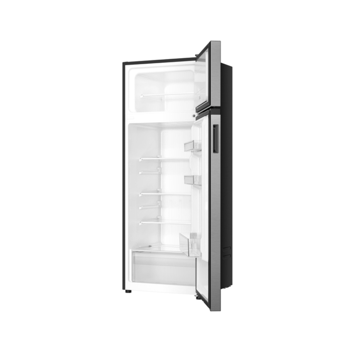 Un refrigerador negro abierto con interior blanco y estantes.