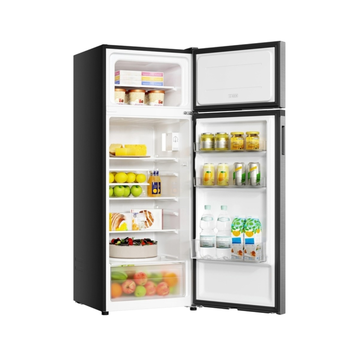 Refrigerador negro abierto lleno de comida: helado, queso, fruta, bebidas y más.