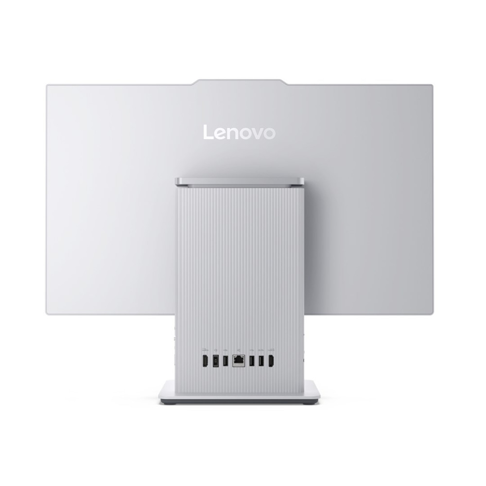Tył białego komputera All-in-One Lenovo, pokazujący porty i logo Lenovo.