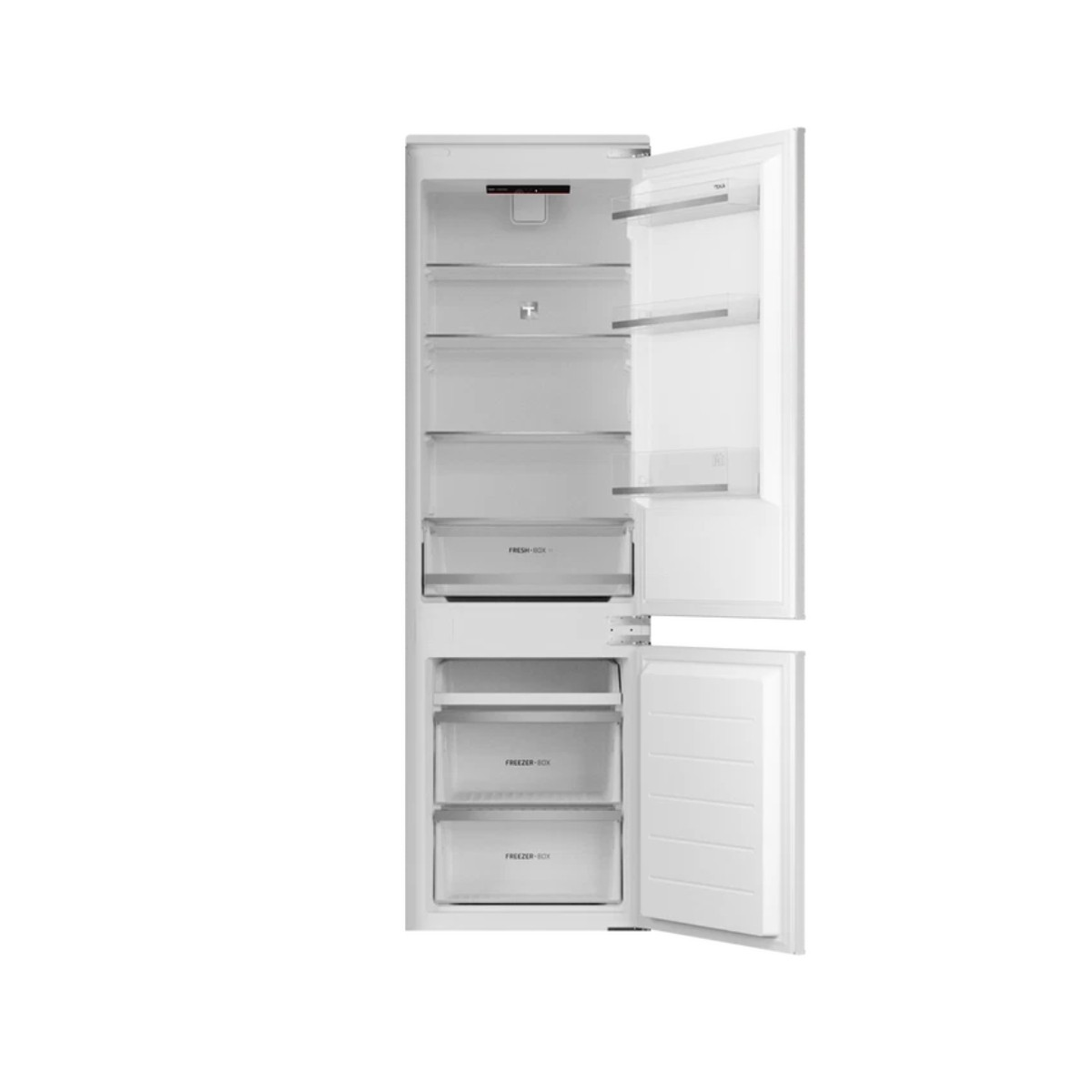 Frigorifero-congelatore bianco aperto con scomparti multipli.