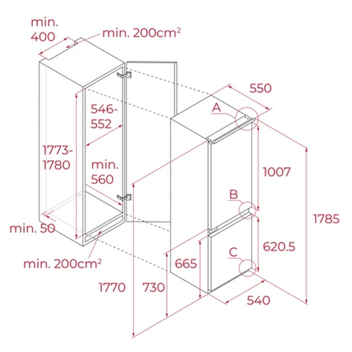 Disegno tecnico di un frigorifero con dimensioni. Sfondo bianco.