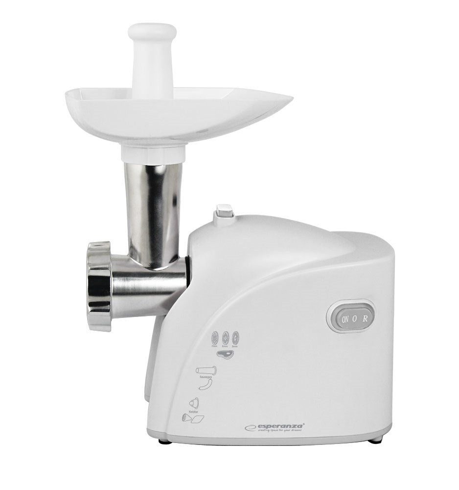 Biała elektryczna maszynka do mielenia mięsa ze srebrnymi metalowymi częściami i lejem zasypowym.