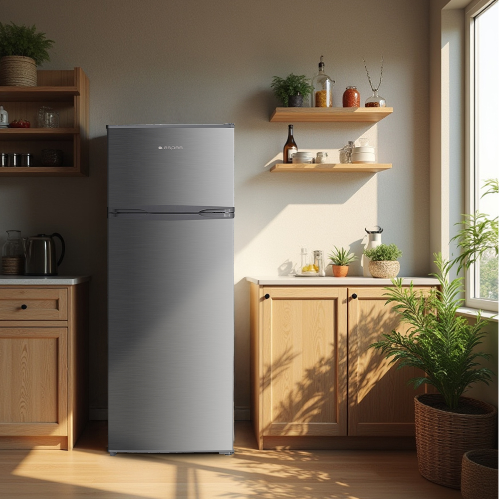 Un refrigerador plateado se alza en una cocina junto a gabinetes de madera y plantas.
