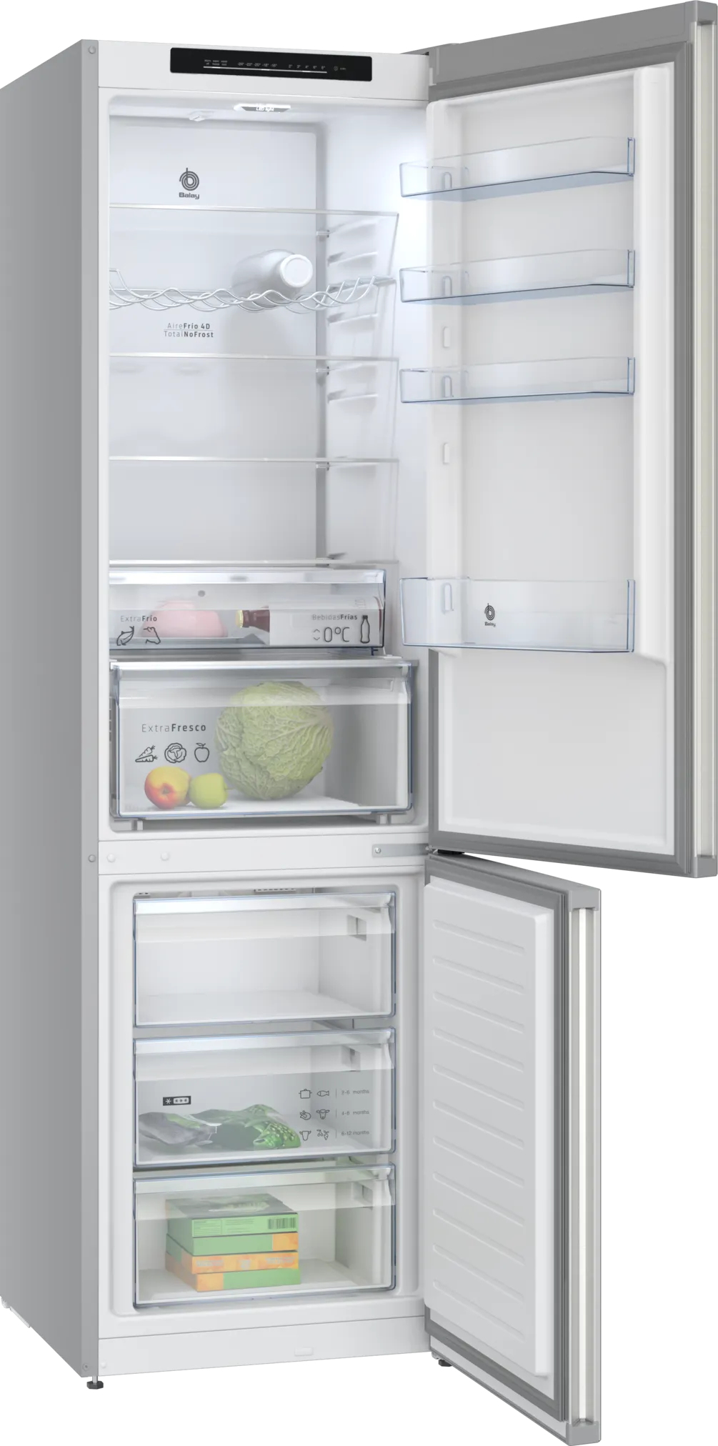 Un refrigerador abierto con frutas, verduras y botellas.