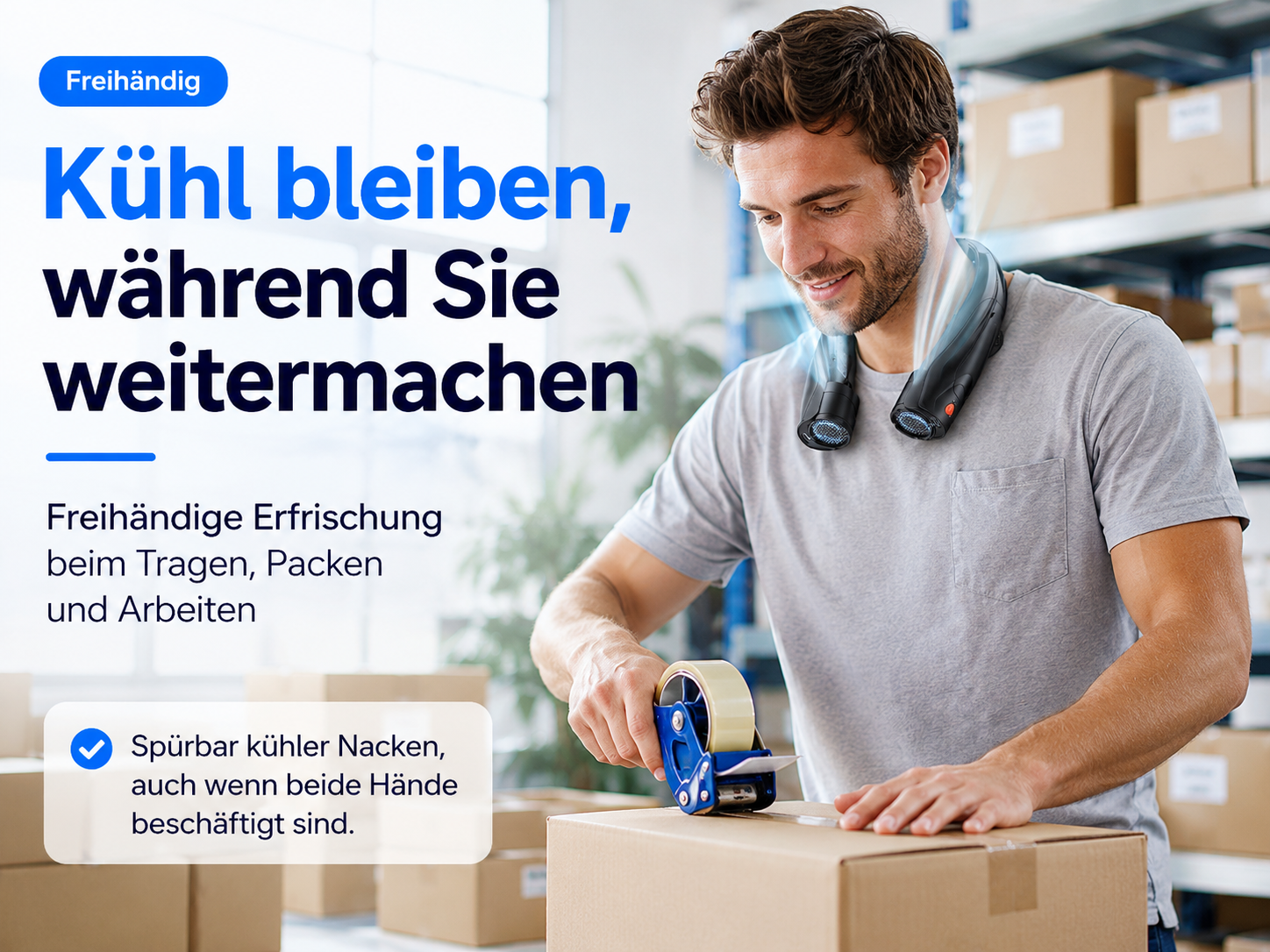 Mann mit Nackenfön packt Kartons in einem Lager.