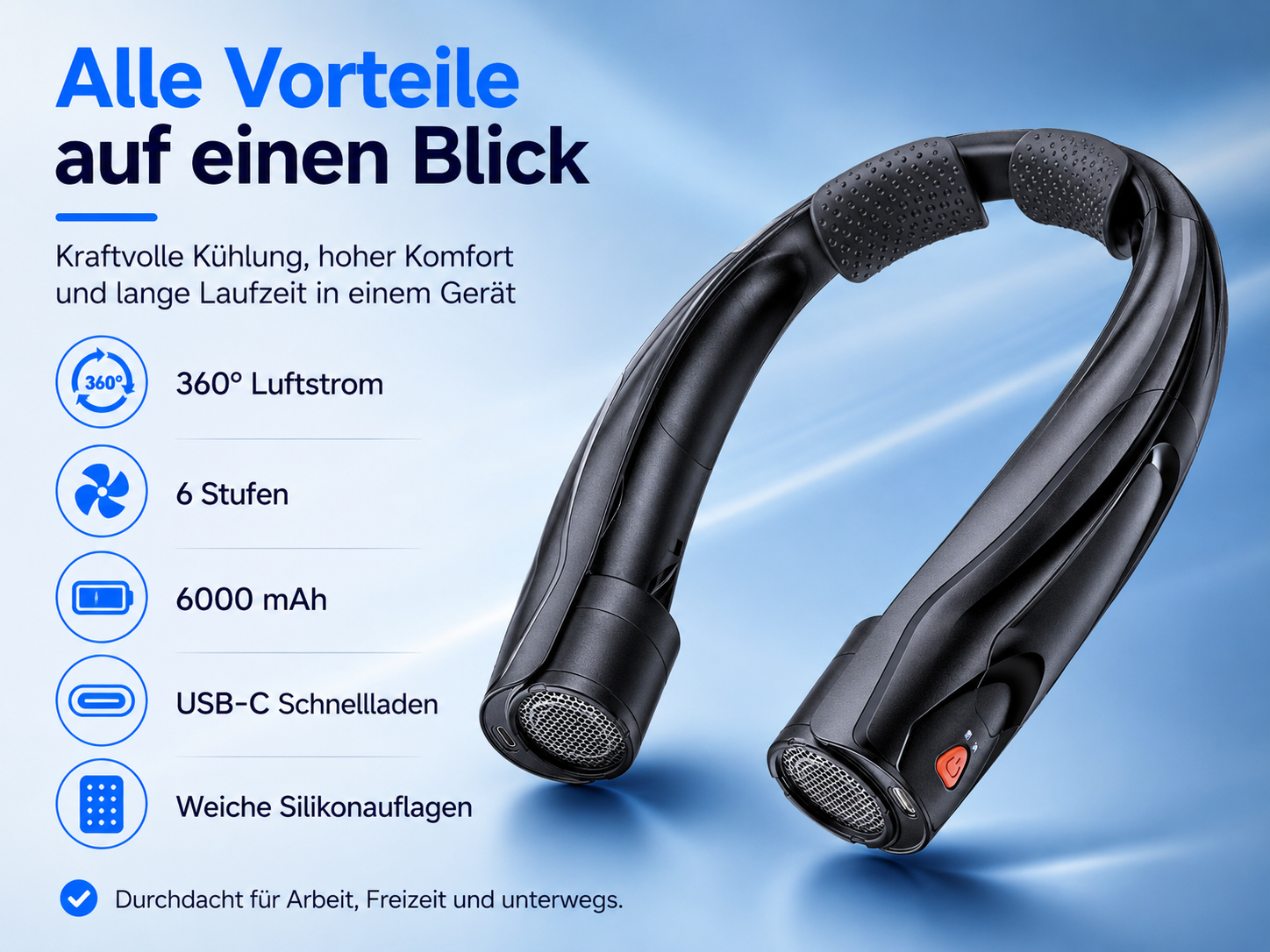 Halsventilator mit 360° Luftstrom, 6 Stufen, 6000 mAh und USB-C Schnellladen.