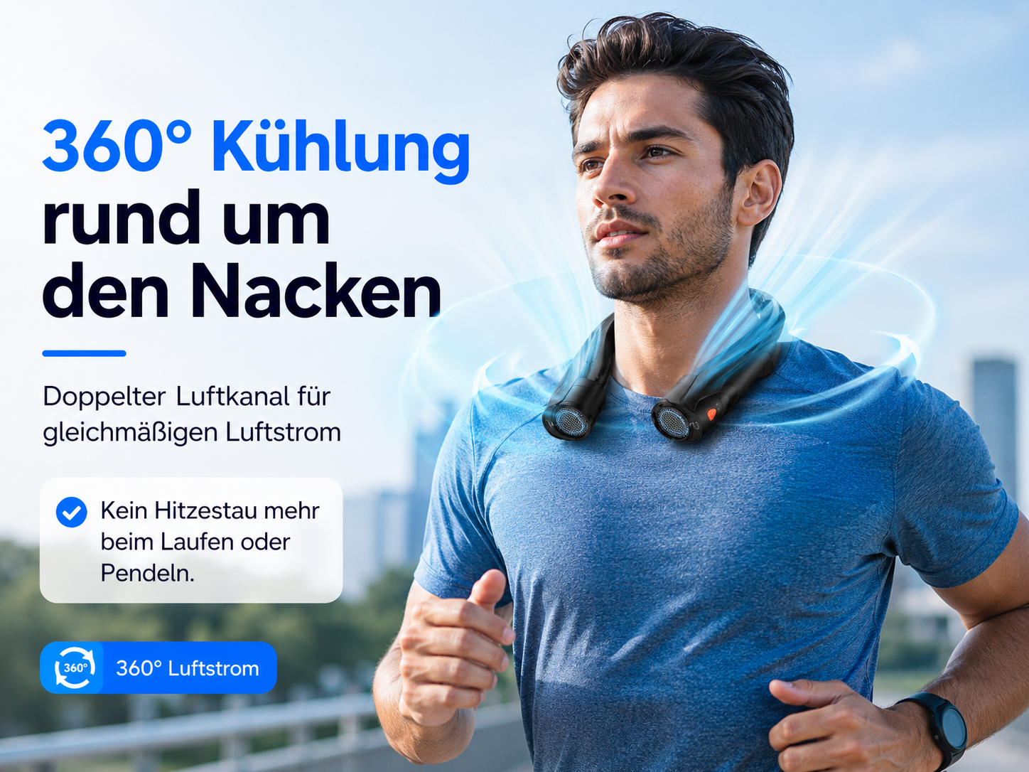 Mann mit Nackenventilator, der beim Laufen kühlt. Blaue Luftströme.
