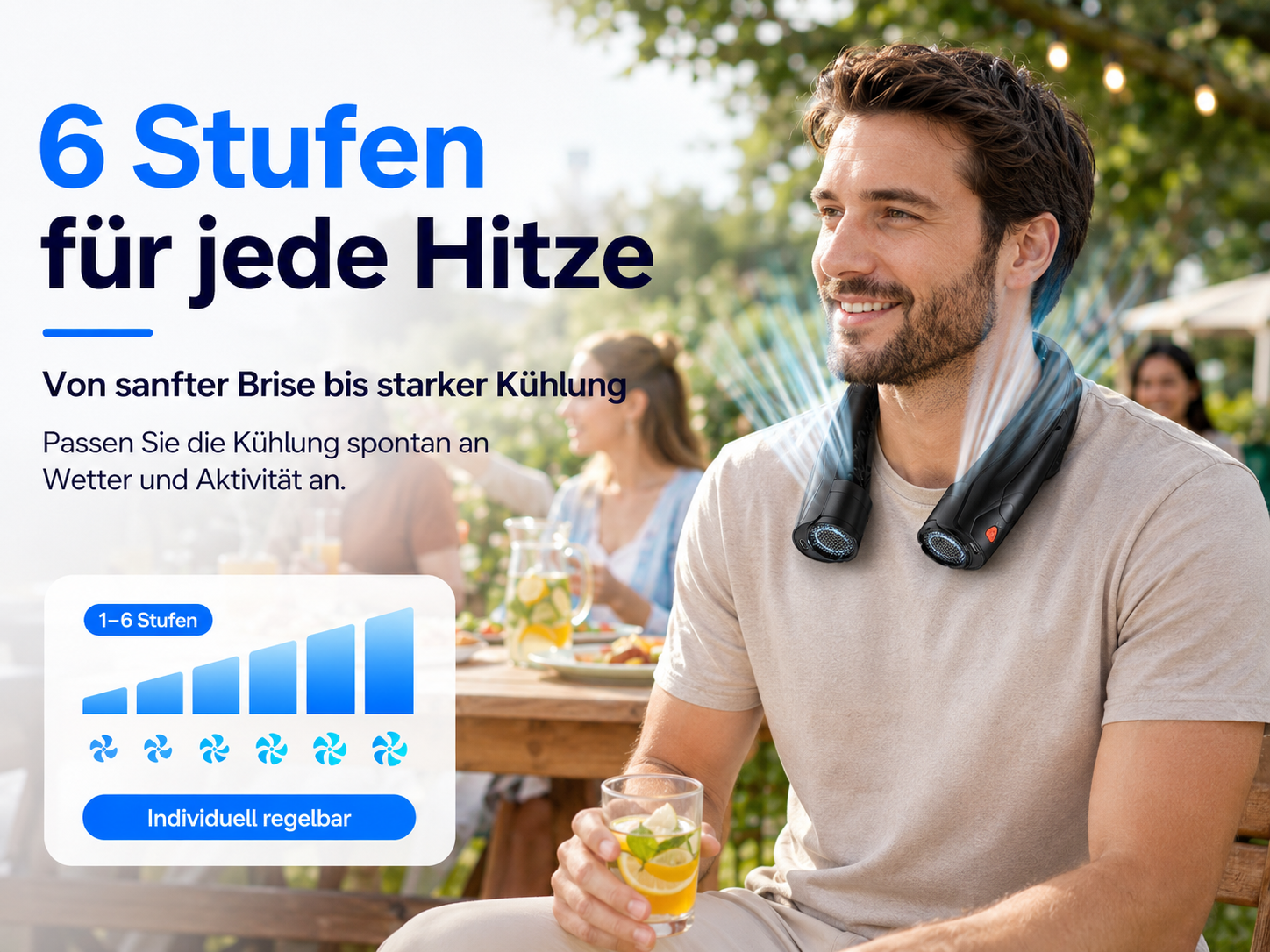 Mann trägt einen Nackenventilator mit 6 Stufen für jede Hitze. Er hält ein Getränk in der Hand.