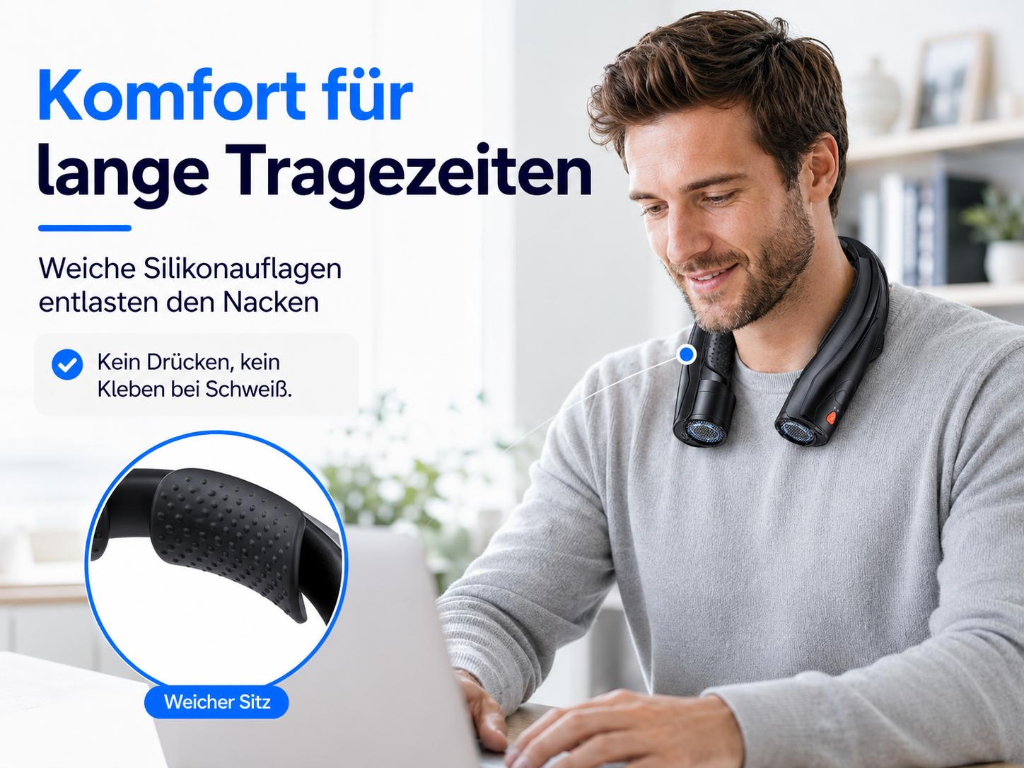 Mann mit Nackenfans, der auf einen Laptop schaut. Komfort für lange Tragezeiten.